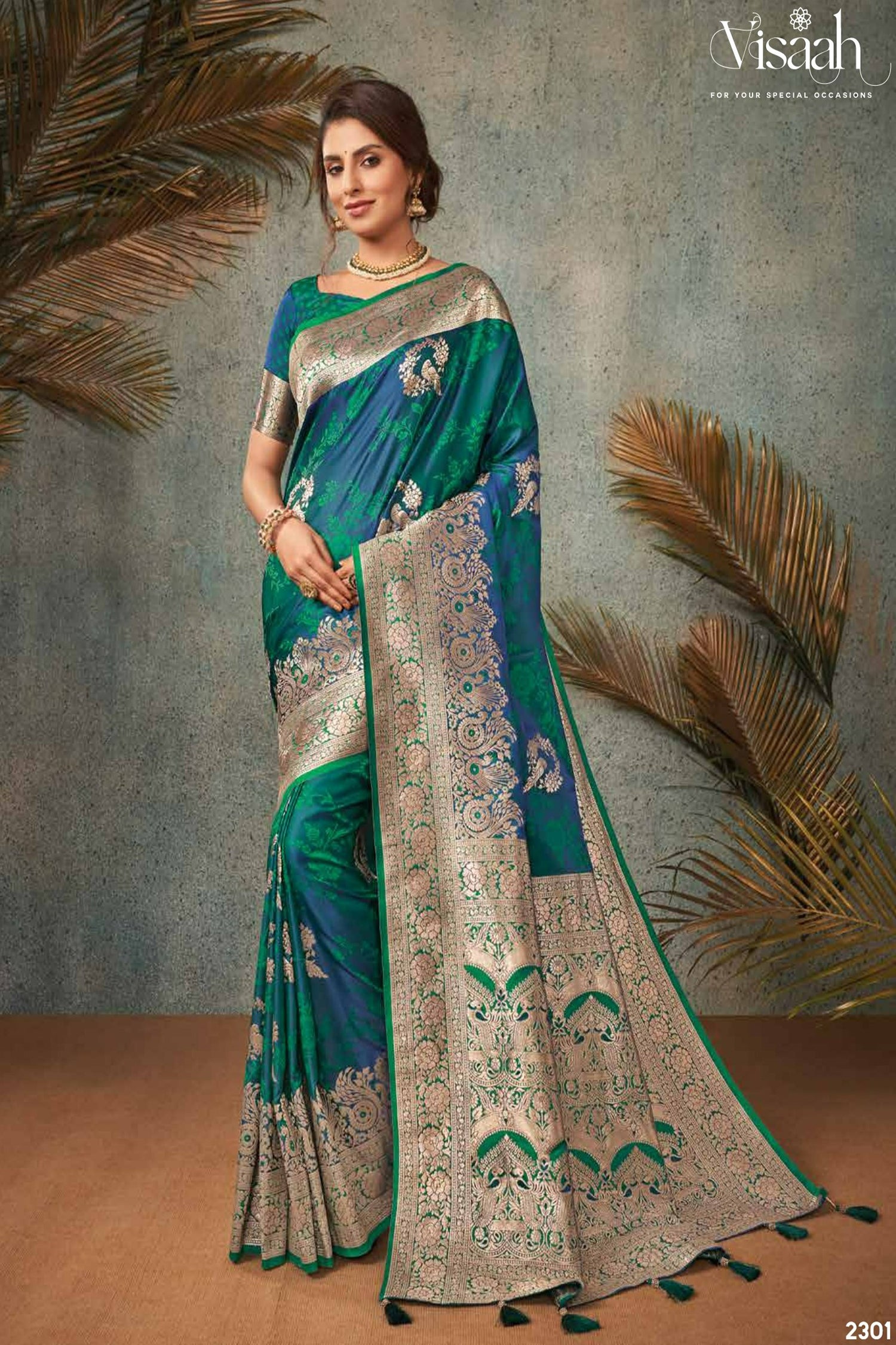 Blue-Green Satin Saree With Peacock Motifs