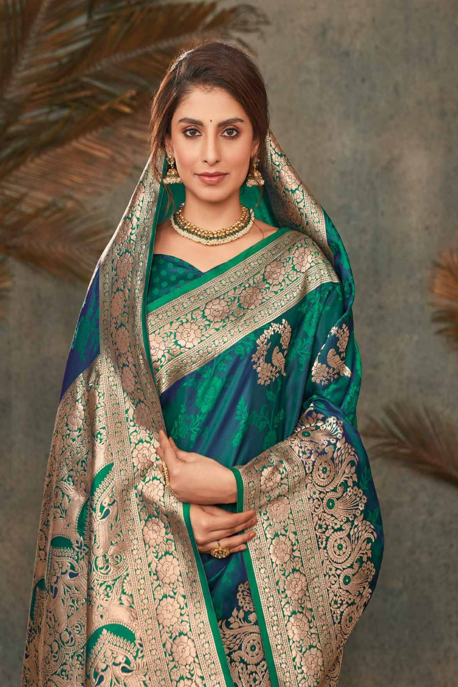 Blue-Green Satin Saree With Peacock Motifs