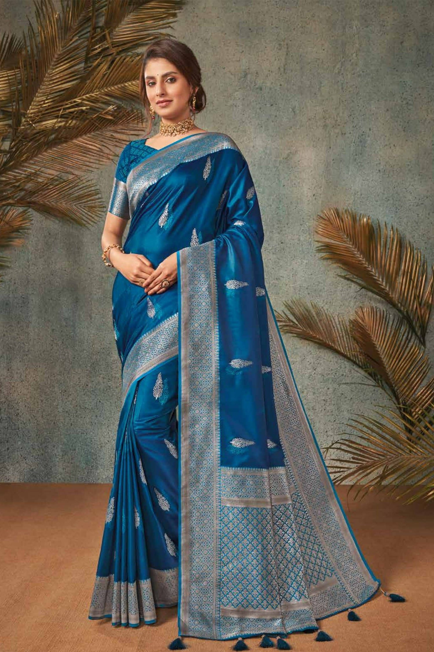 Deep Blue Satin Saree With Silver Zari