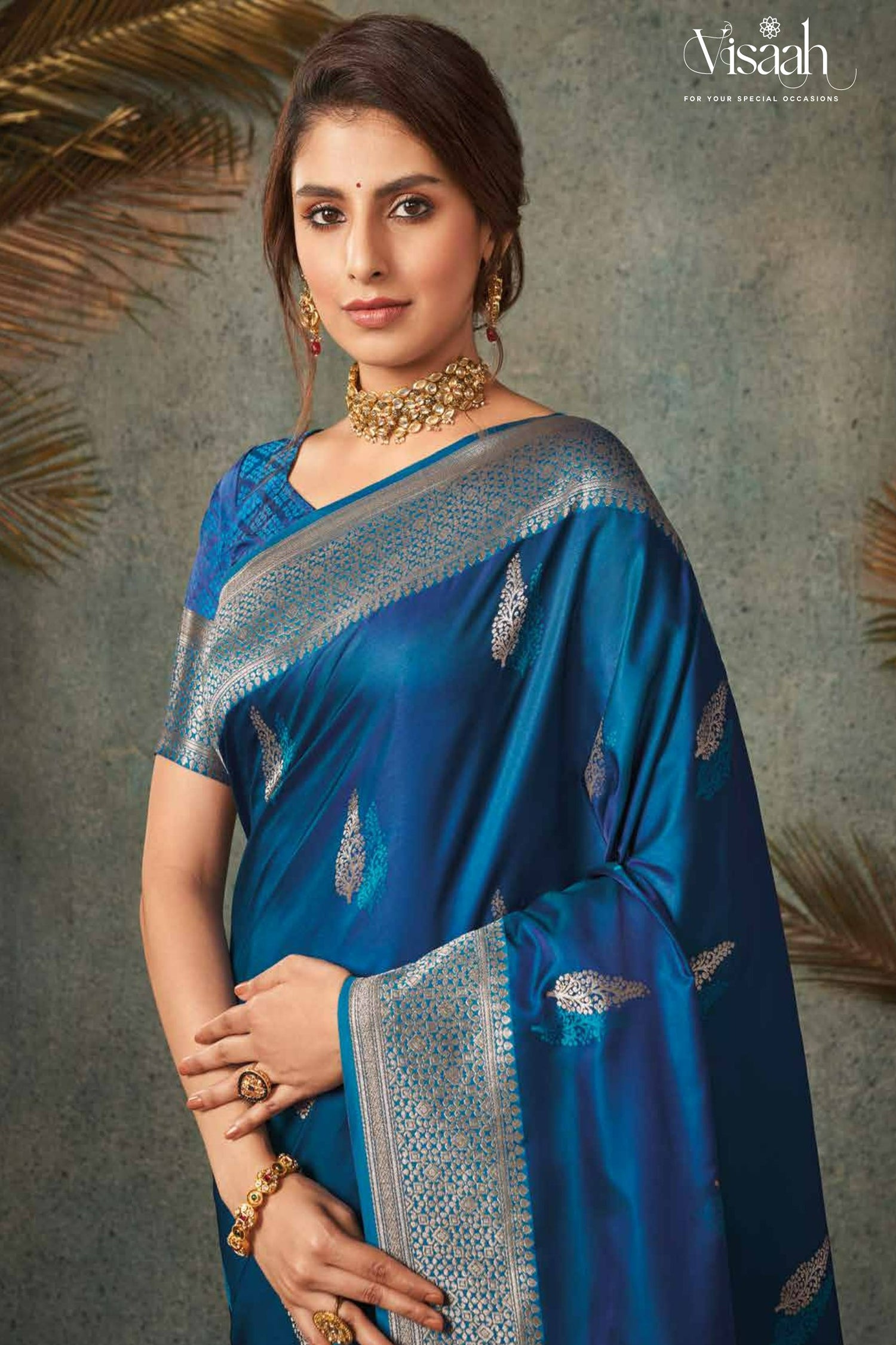 Deep Blue Satin Saree With Silver Zari