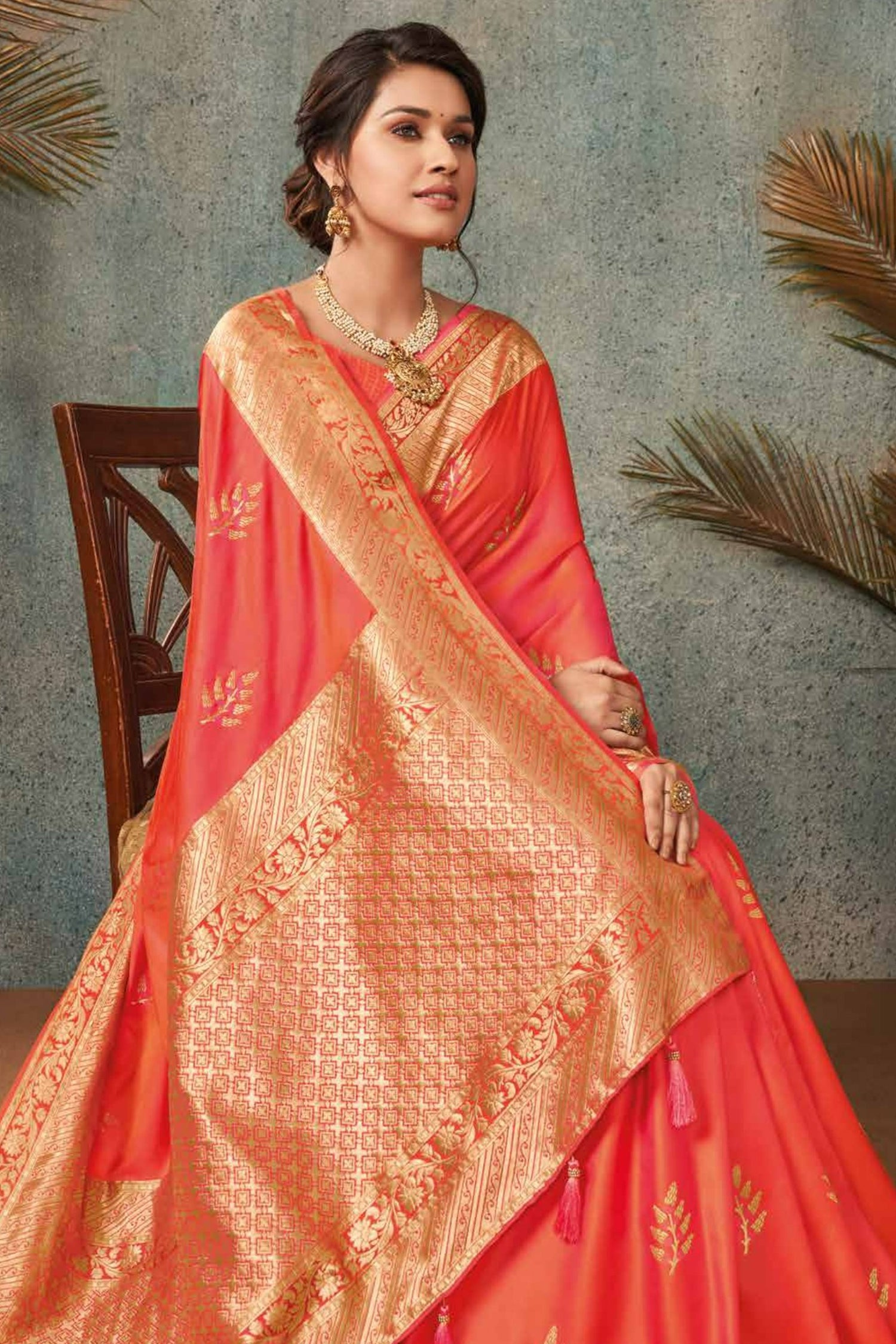 Peach Saree With Light Gold Zari