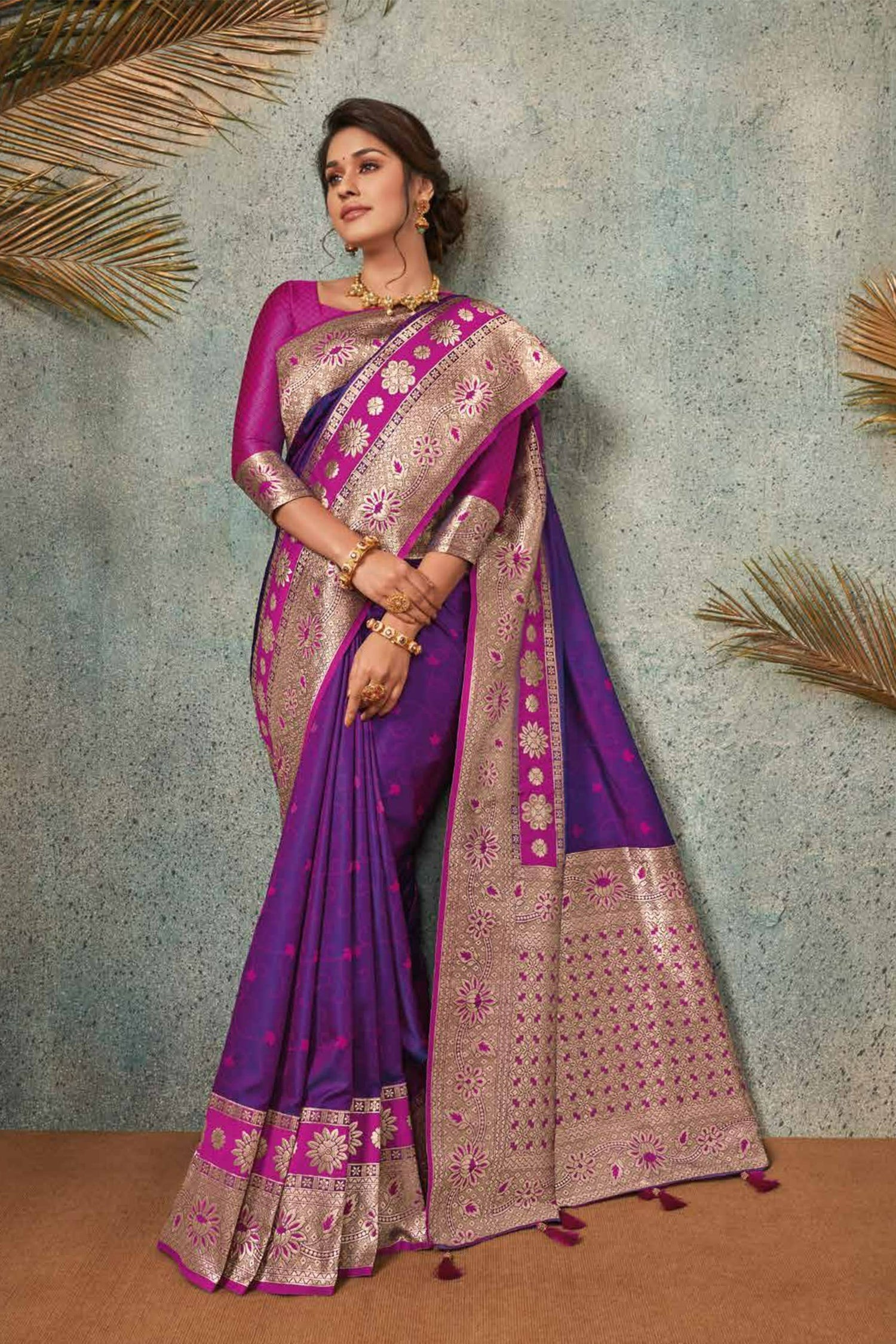 Violet Saree With Silver-Gold Zari