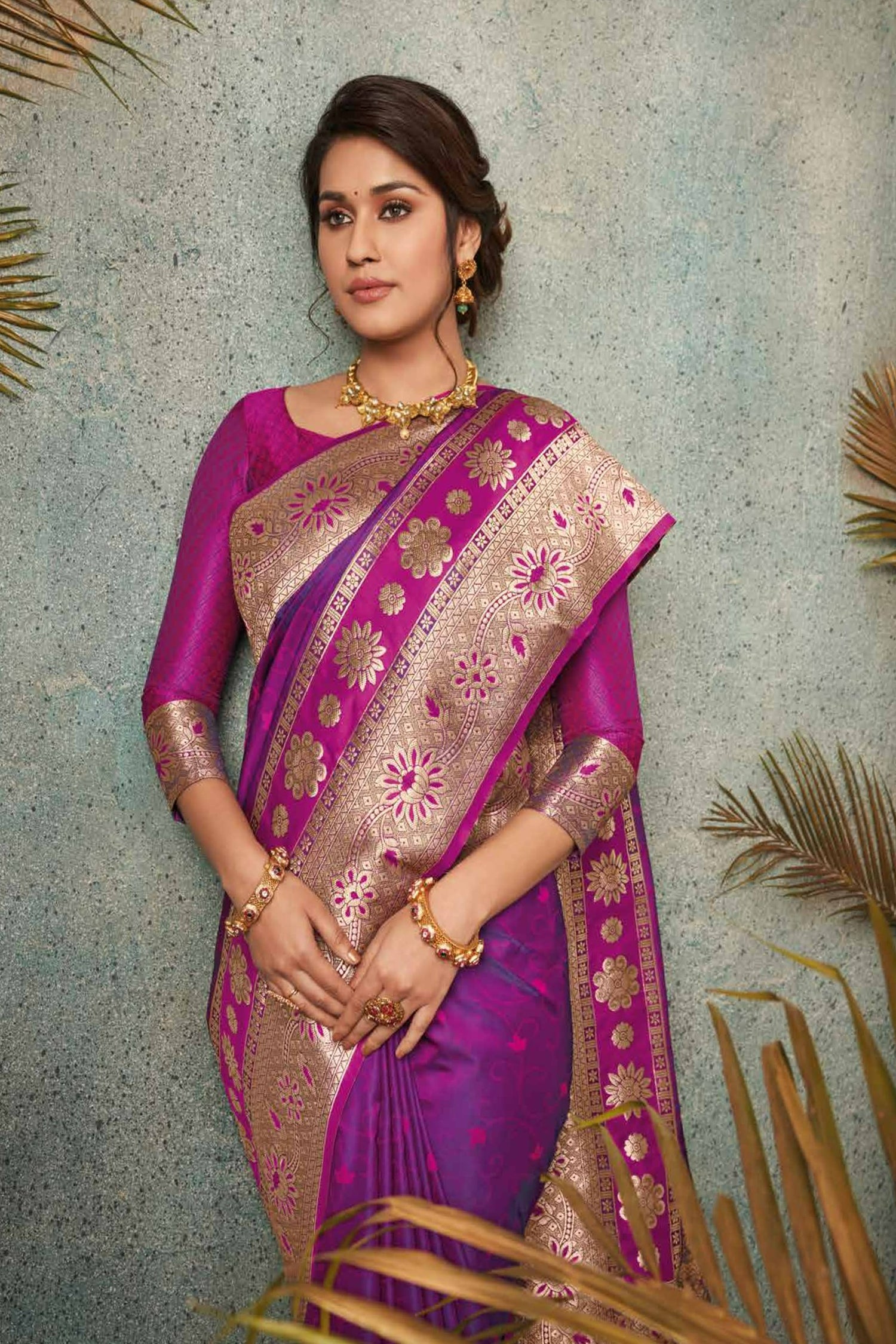 Violet Saree With Silver-Gold Zari