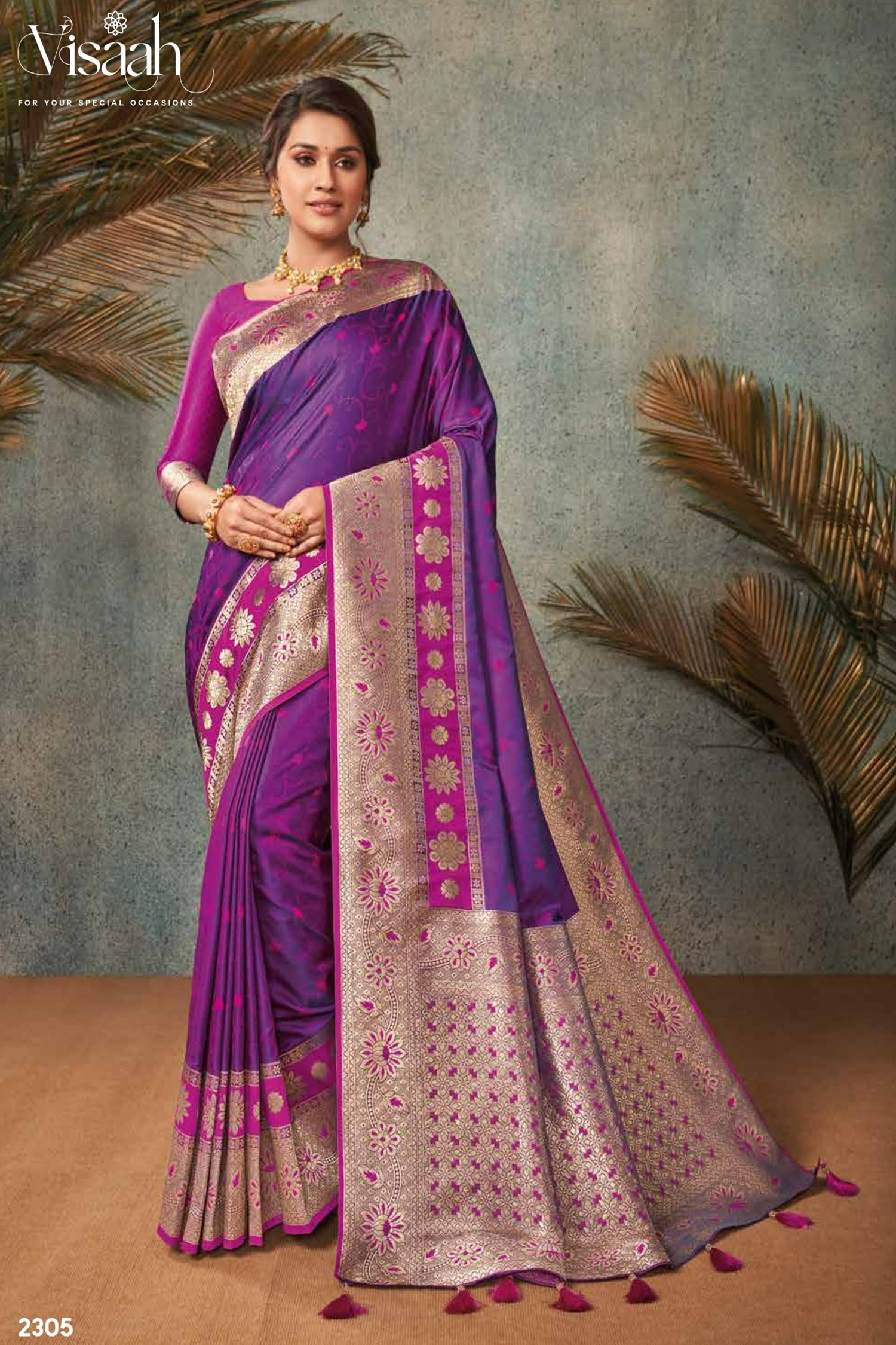 Violet Saree With Silver-Gold Zari
