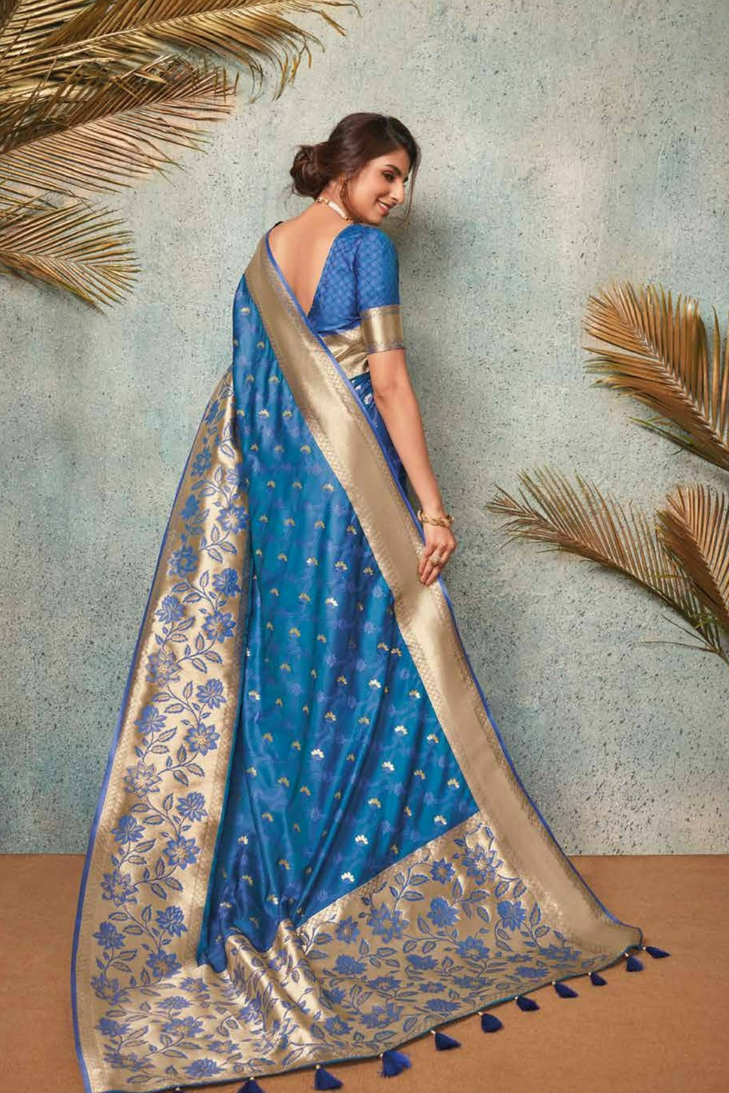 Blue Satin Saree With Silver Zari