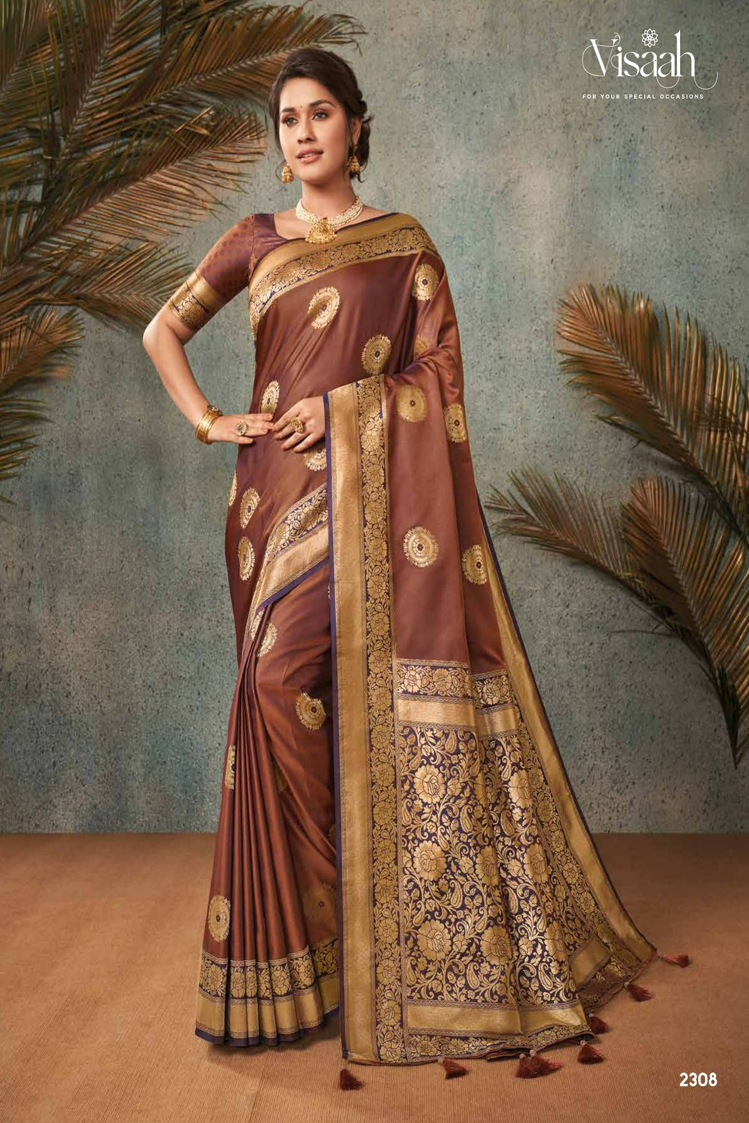 Coffee Brown Satin Saree With Gold Zari And Contrasting Border