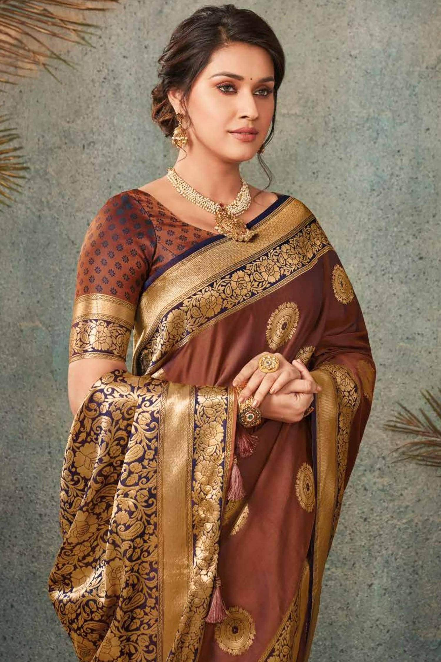 Coffee Brown Satin Saree With Gold Zari And Contrasting Border