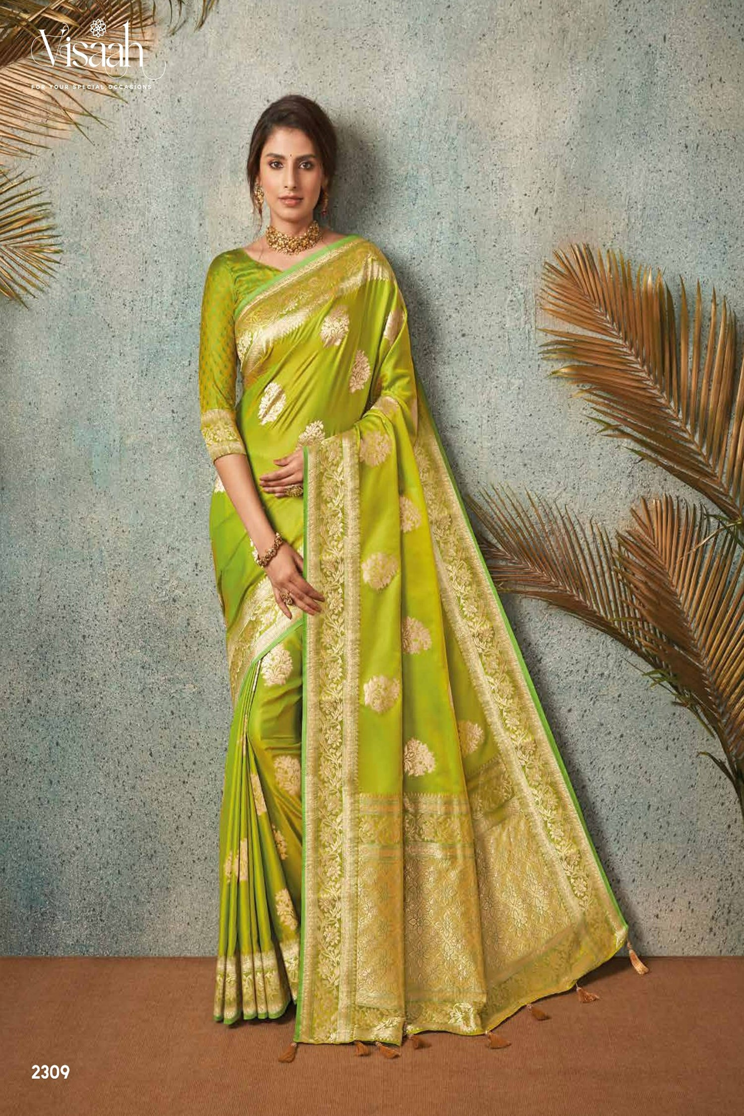 Green Satin Saree With Golden Zari