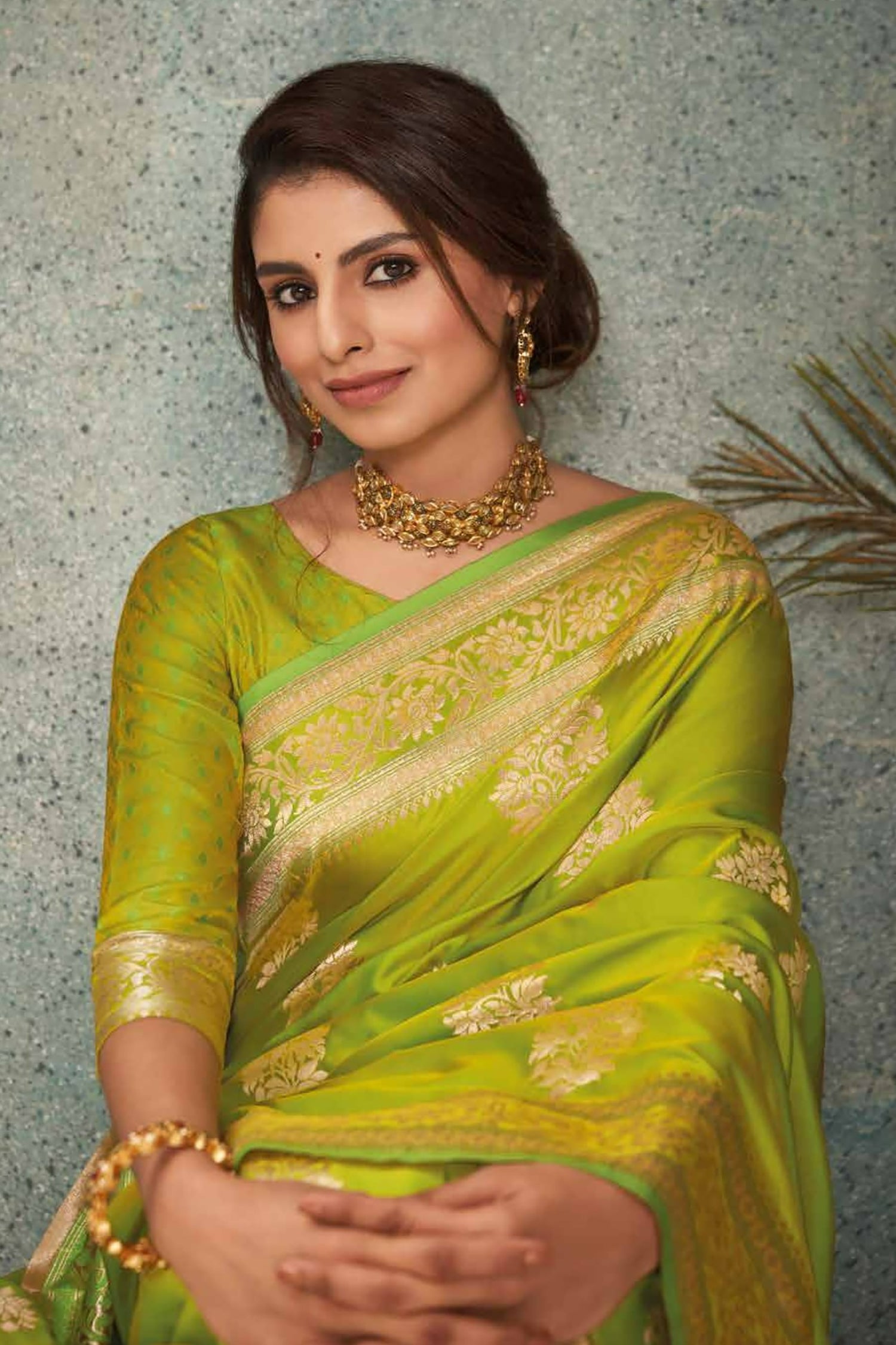 Green Satin Saree With Golden Zari