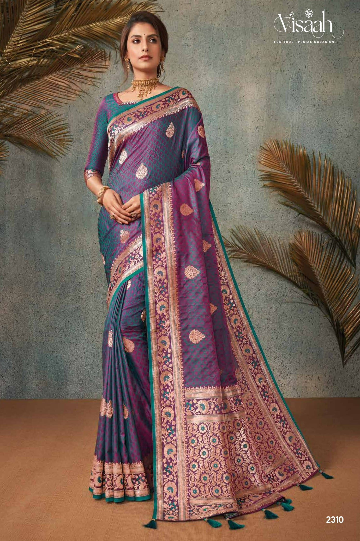 Deep Purple Saree With Rose Gold Zari