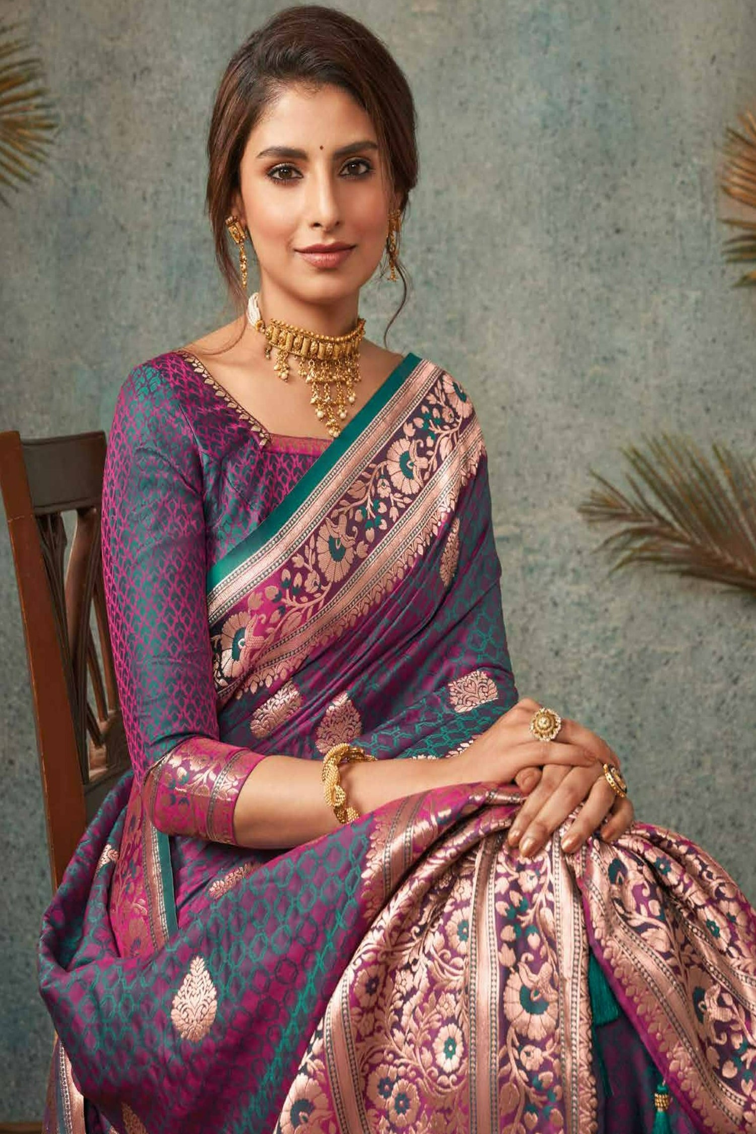 Deep Purple Saree With Rose Gold Zari