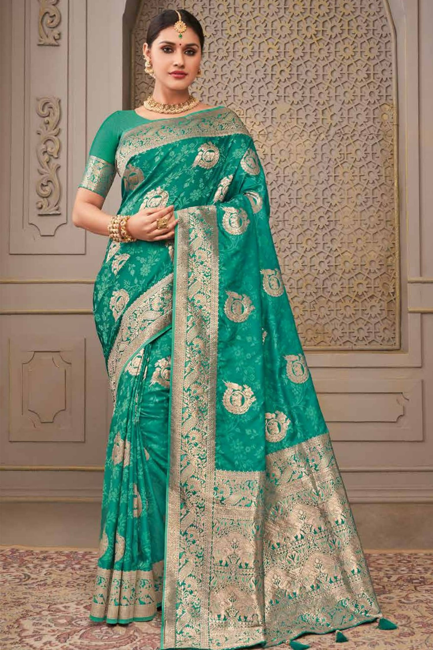 Turquoise Blue Saree With Silver-Gold Border