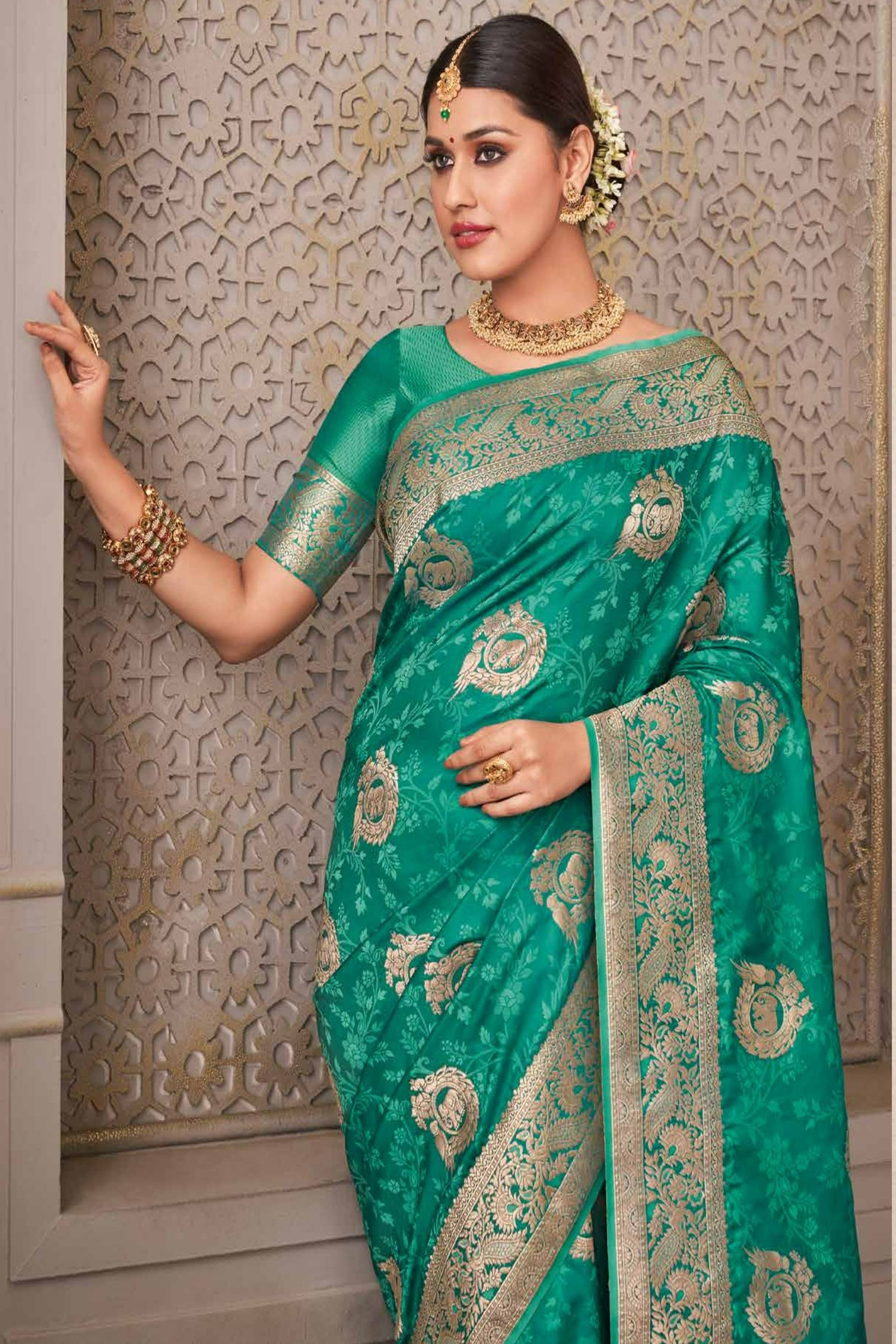Turquoise Blue Saree With Silver-Gold Border