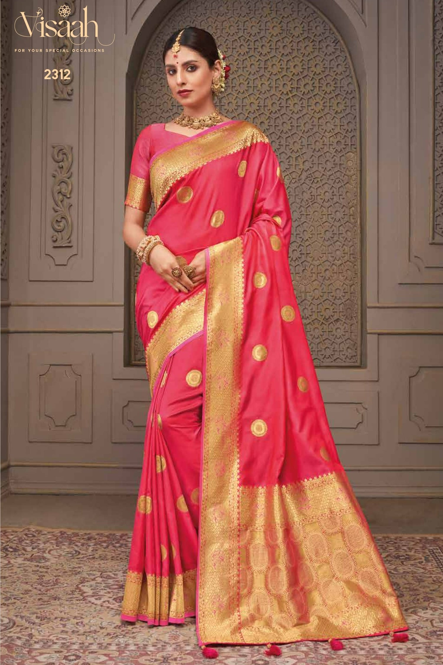 Hibiscus Pink Satin Saree With Gold Zari
