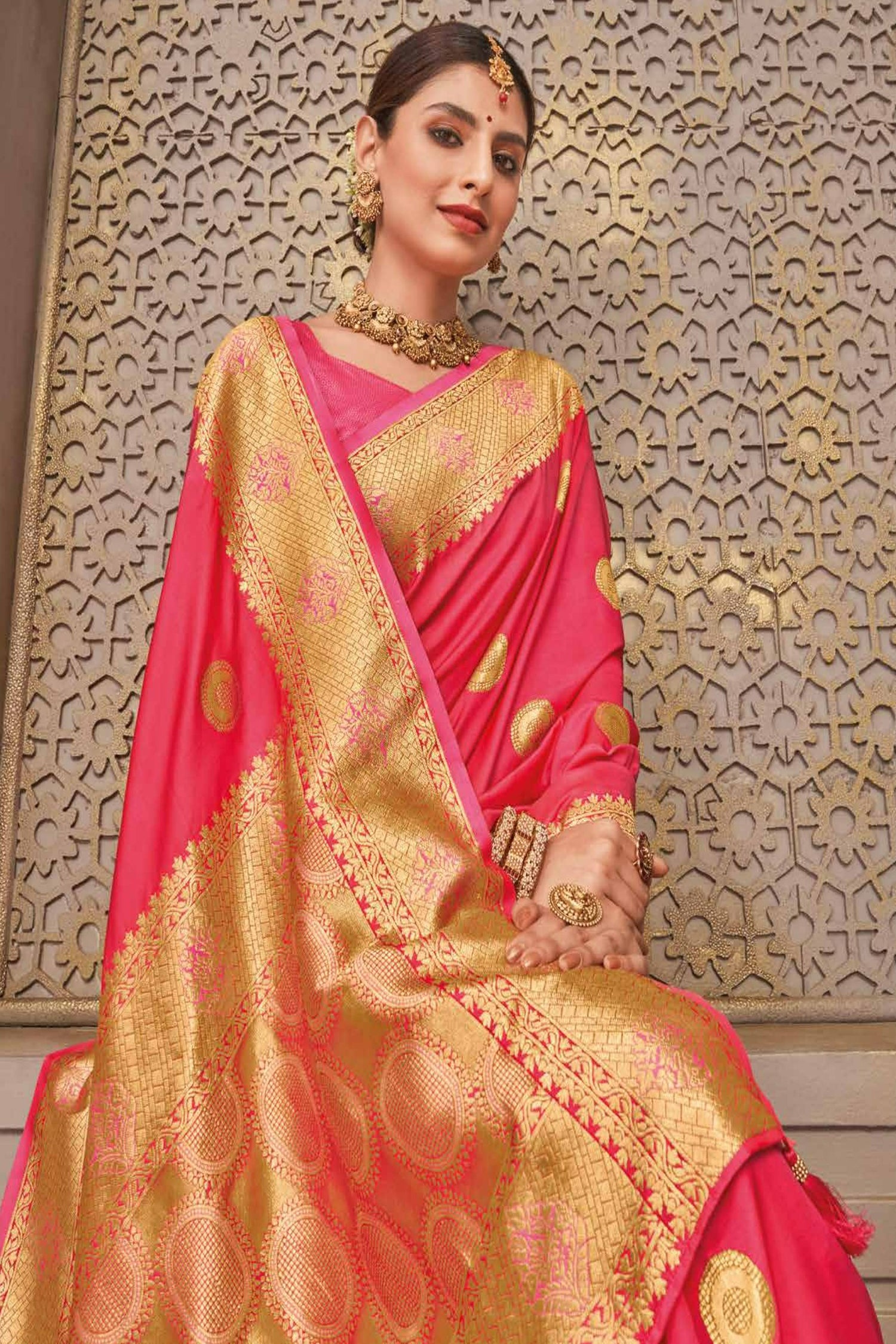Hibiscus Pink Satin Saree With Gold Zari