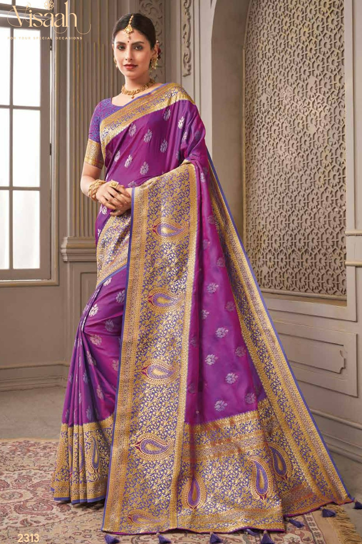 Violet Satin Saree With Gold And Silver Zari