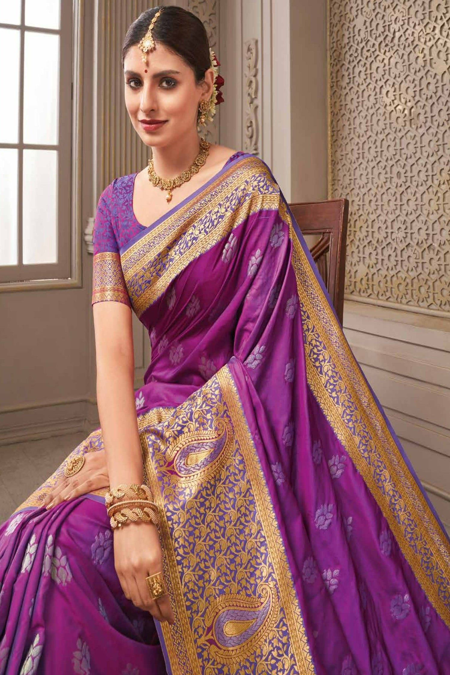 Violet Satin Saree With Gold And Silver Zari