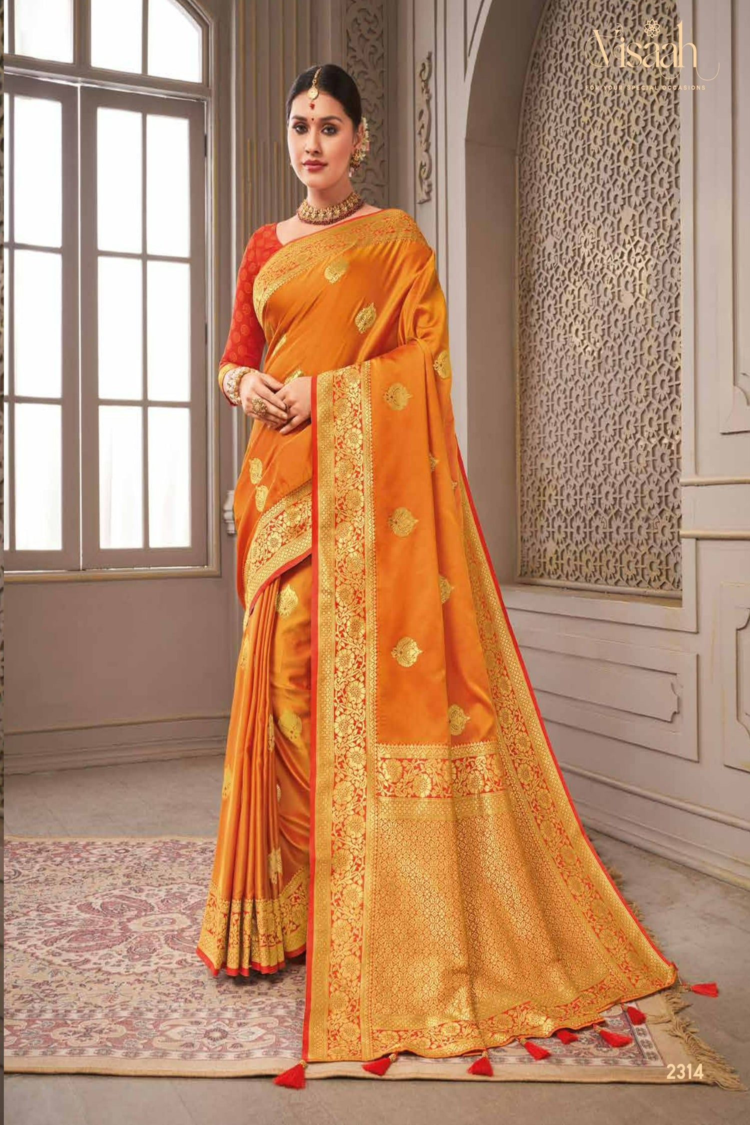 Haldi Yellow Satin Saree With Gold Zari