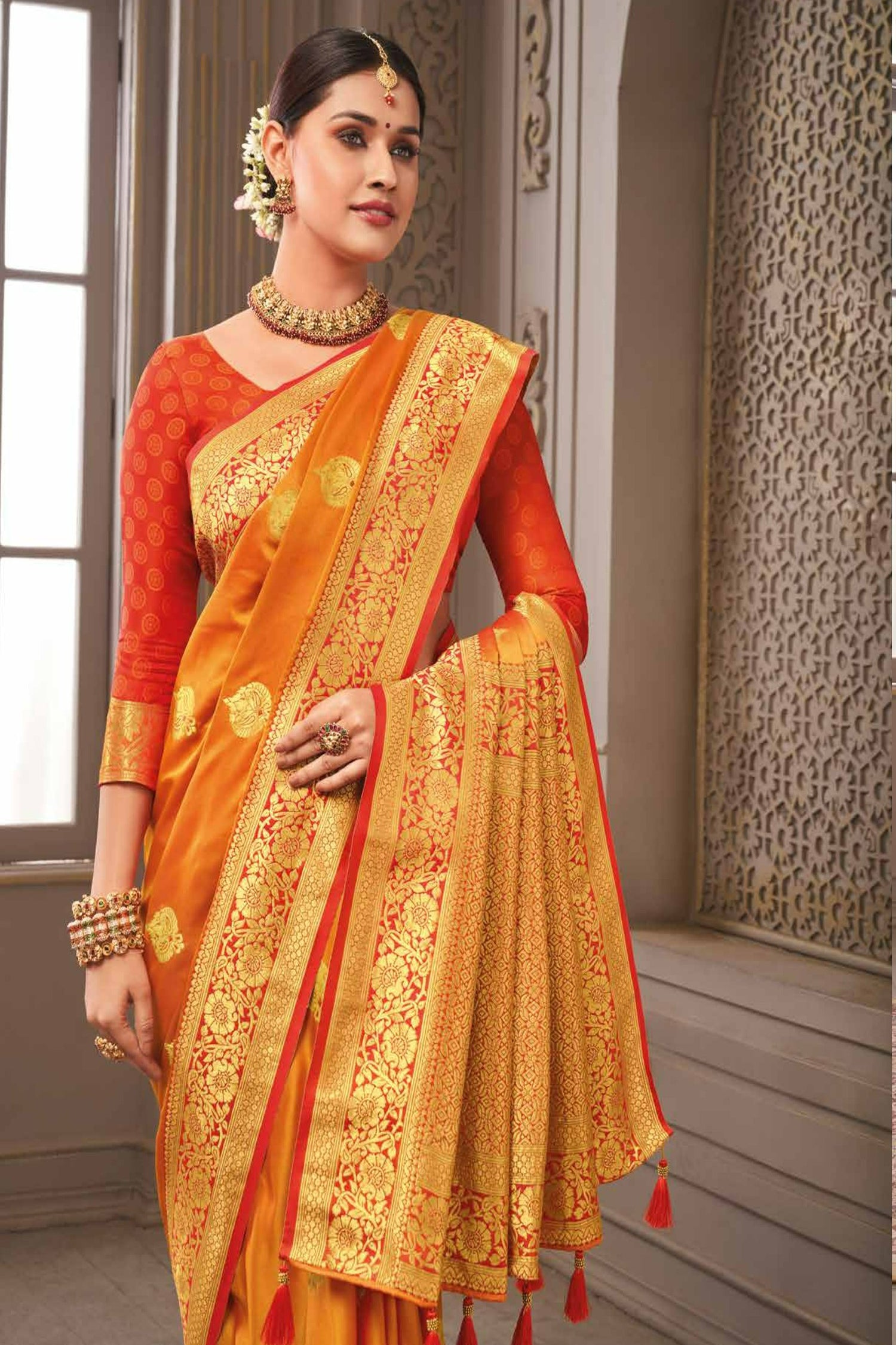 Haldi Yellow Satin Saree With Gold Zari