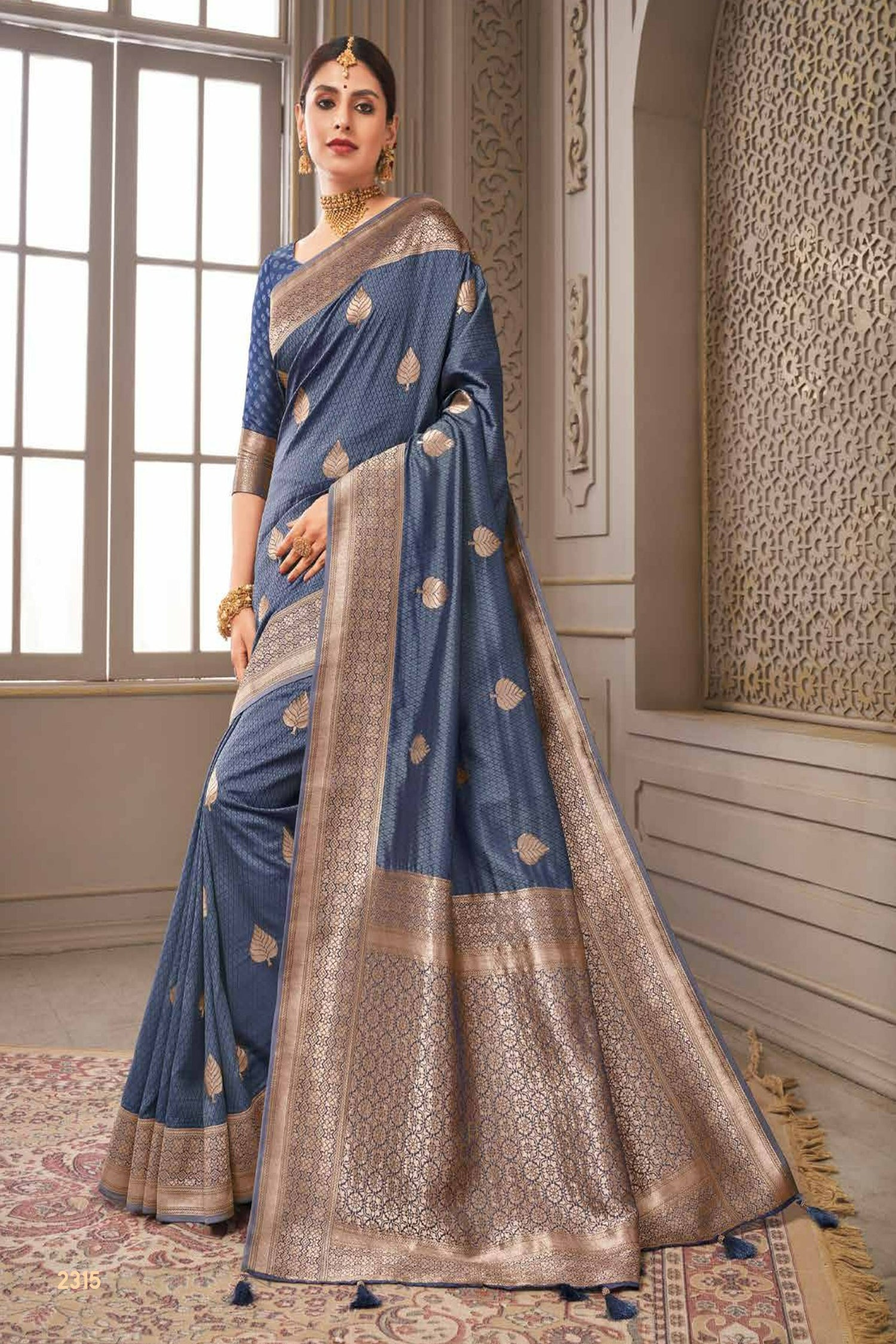 Grey Blue Saree With Rose-Gold Zari