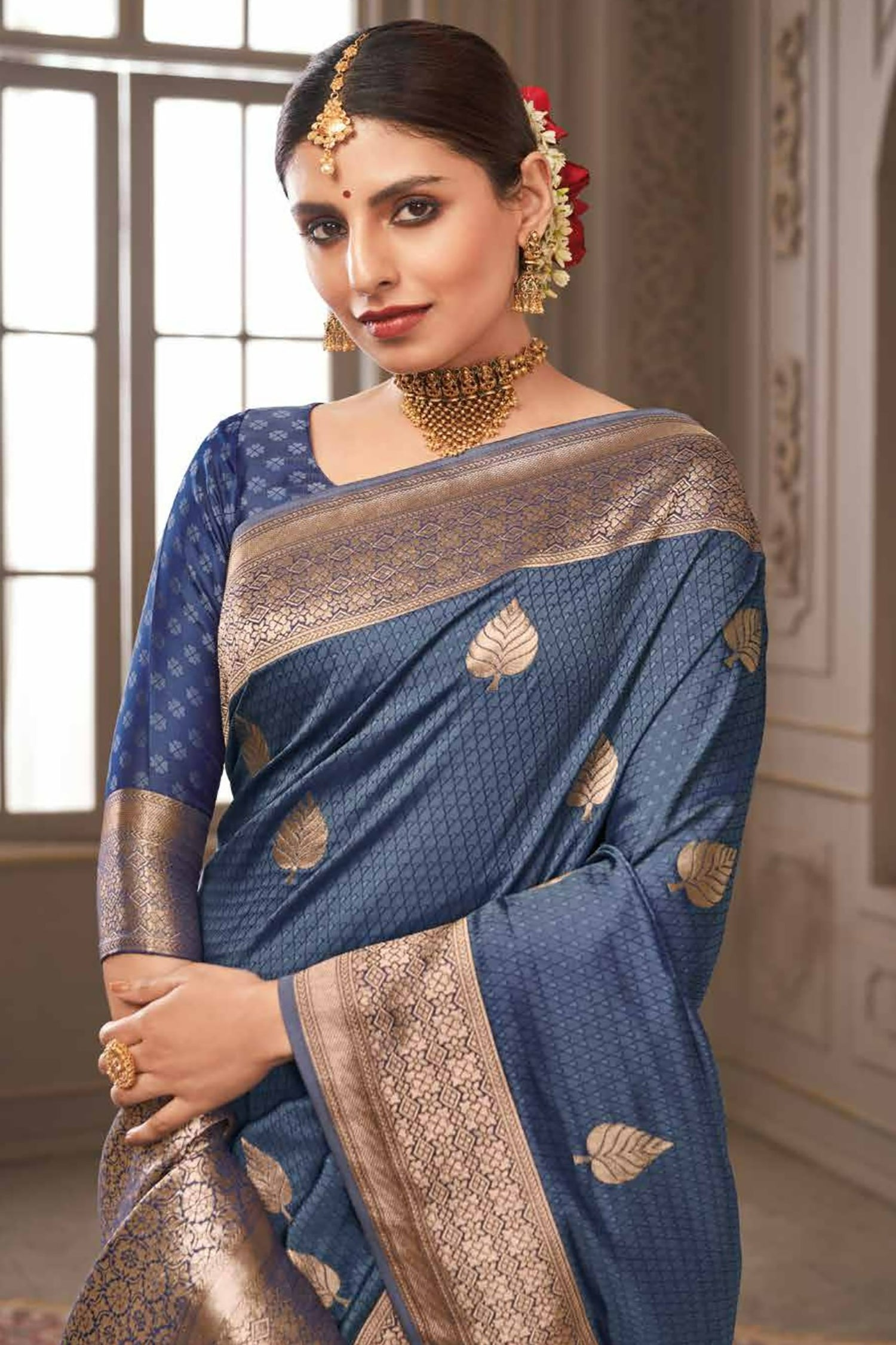 Grey Blue Saree With Rose-Gold Zari