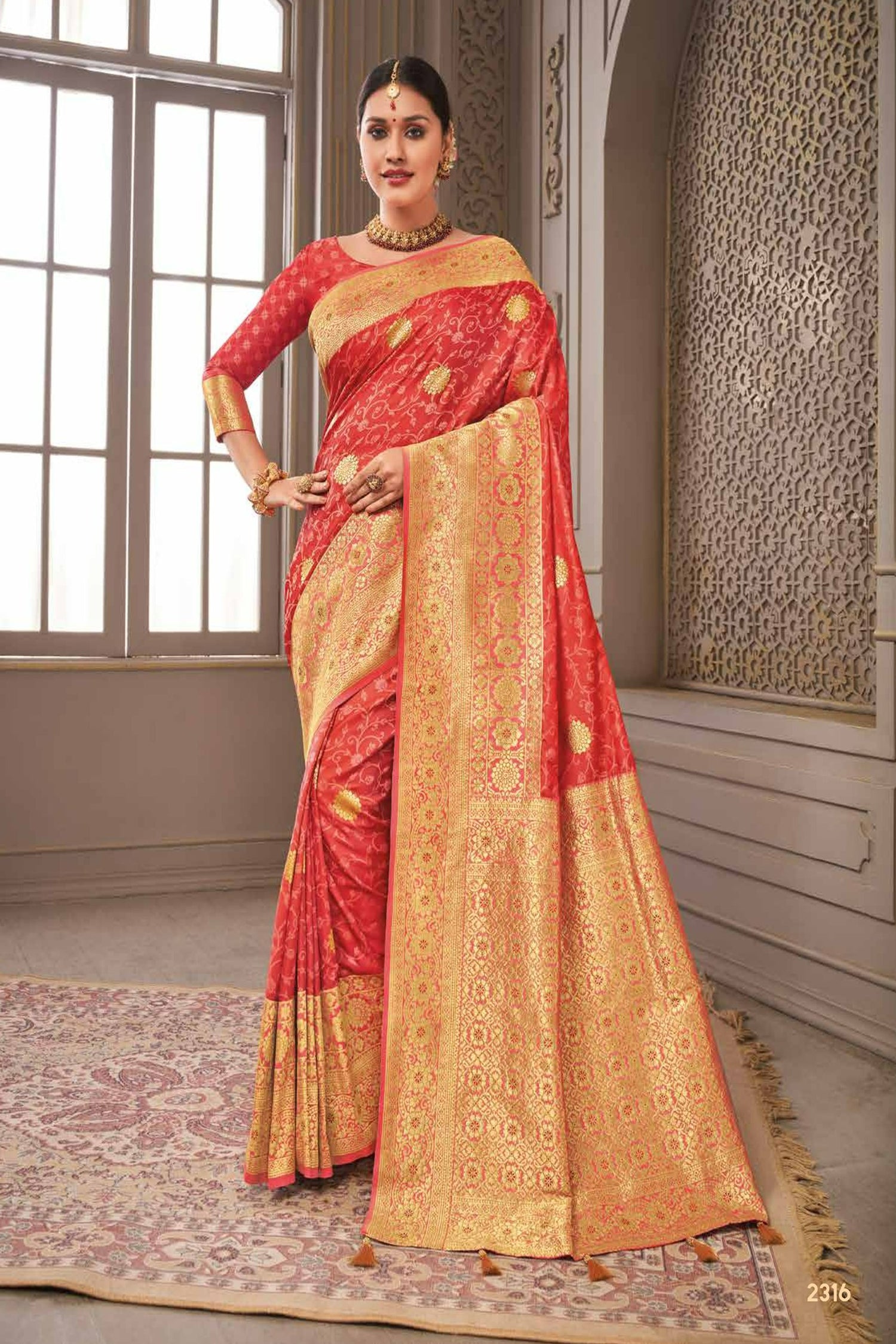 Dark Peach Satin Saree With Traditional Zari Motifs