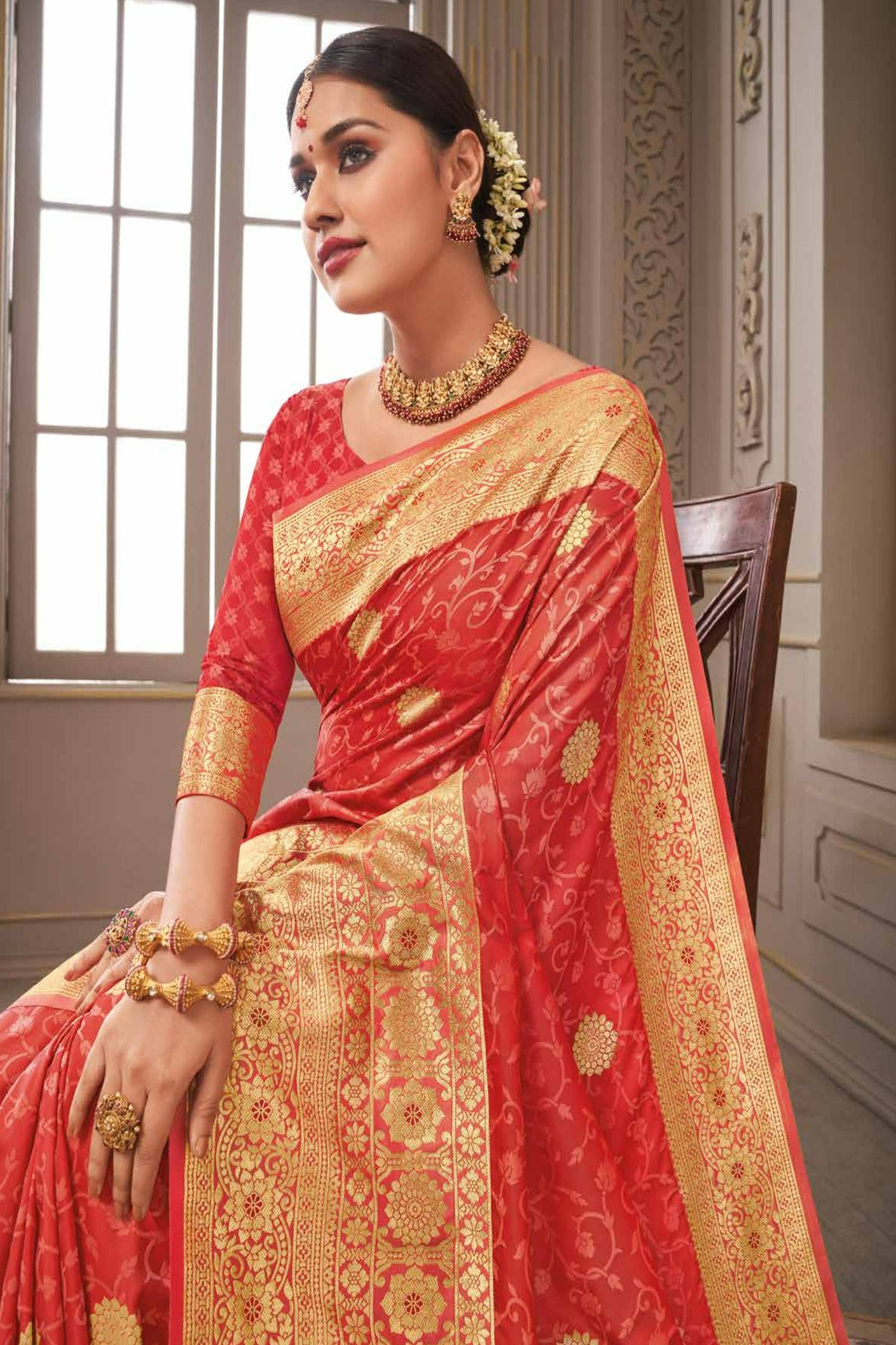 Dark Peach Satin Saree With Traditional Zari Motifs