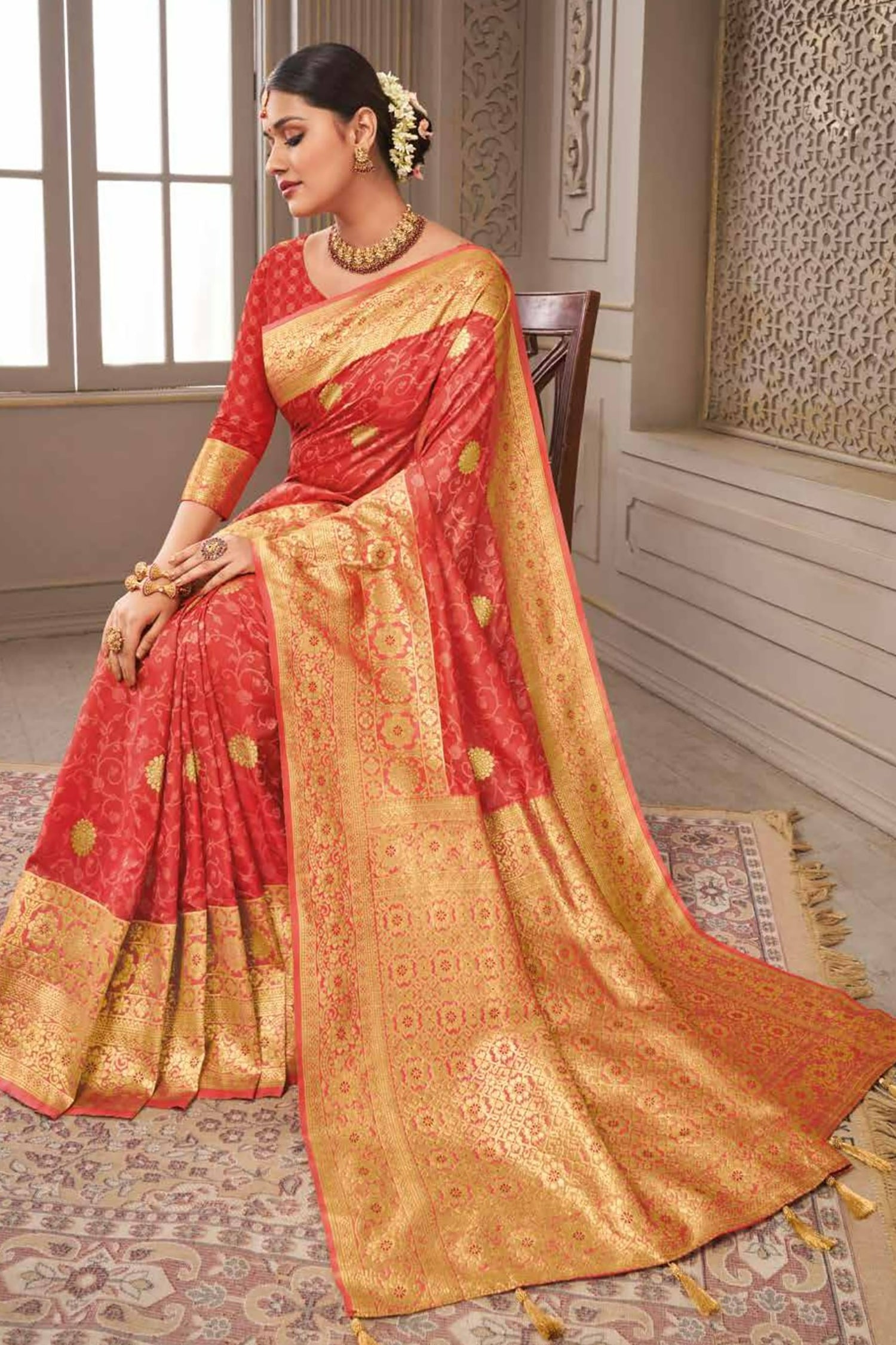 Dark Peach Satin Saree With Traditional Zari Motifs