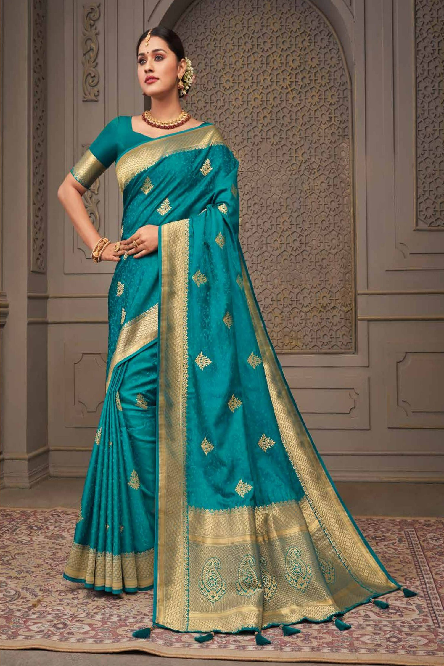 Teal Blue Satin Saree With Golden Border