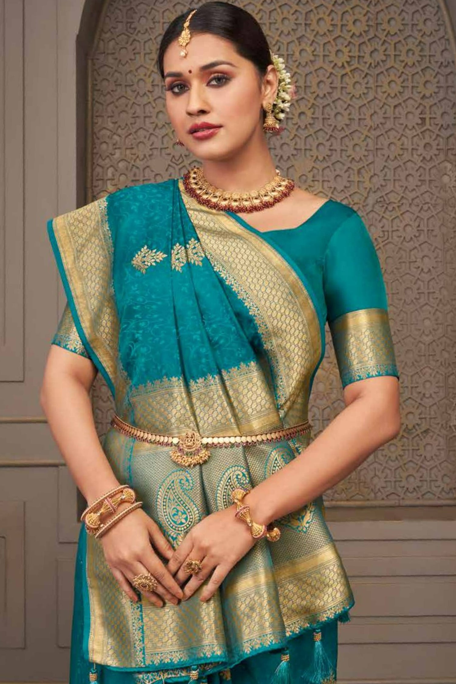 Teal Blue Satin Saree With Golden Border