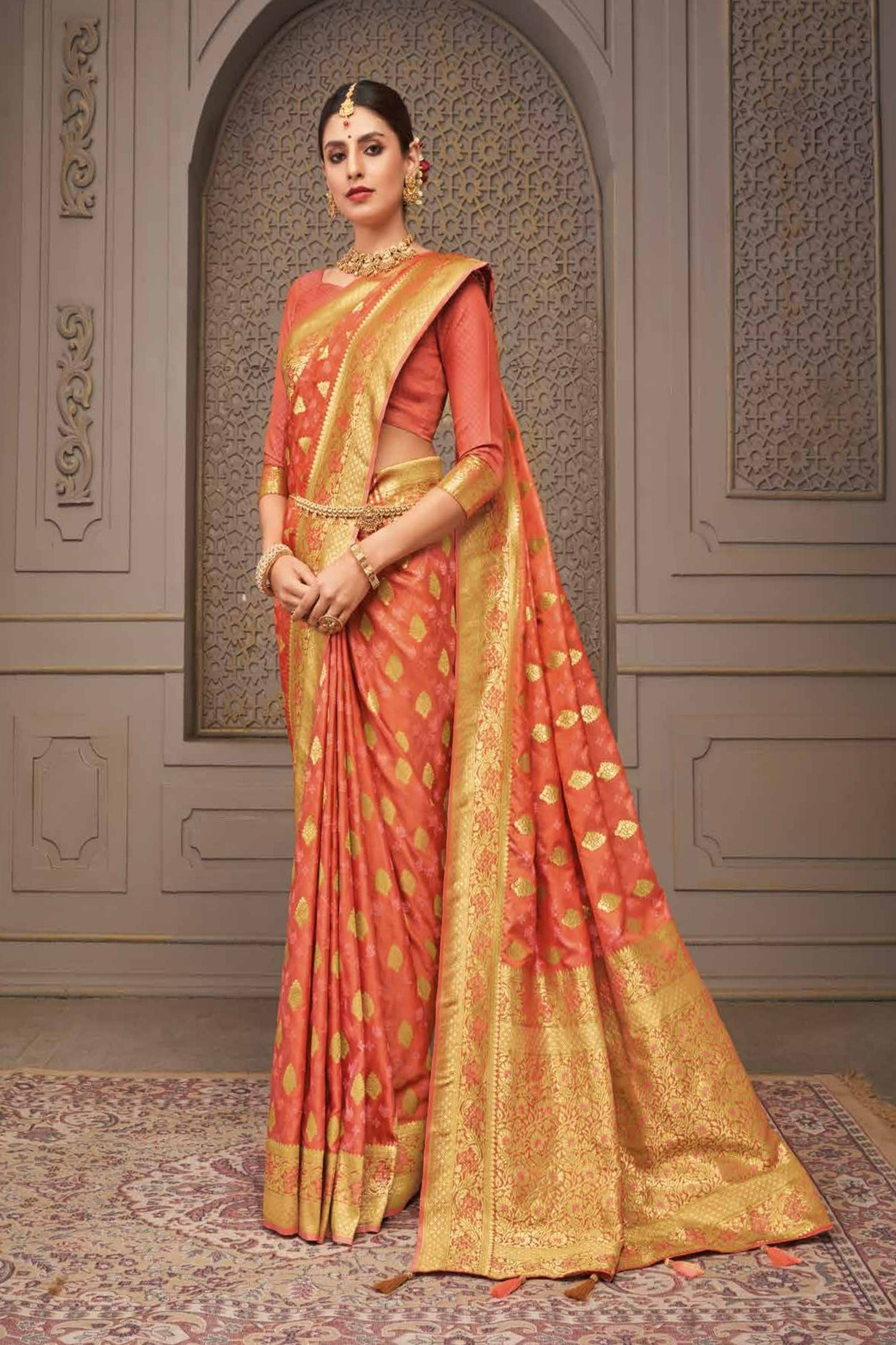 Peach Saree With Gold Zari