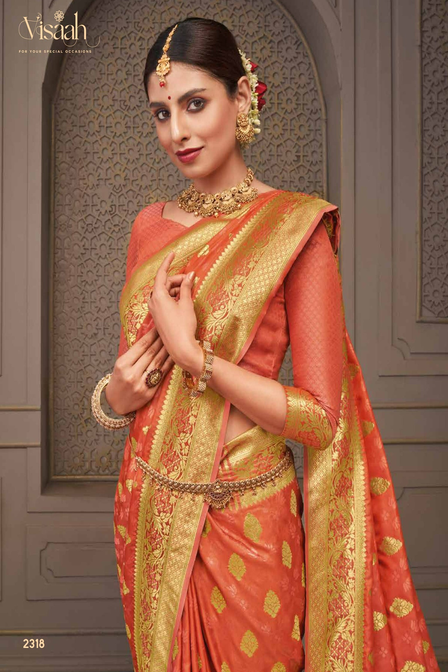 Peach Saree With Gold Zari