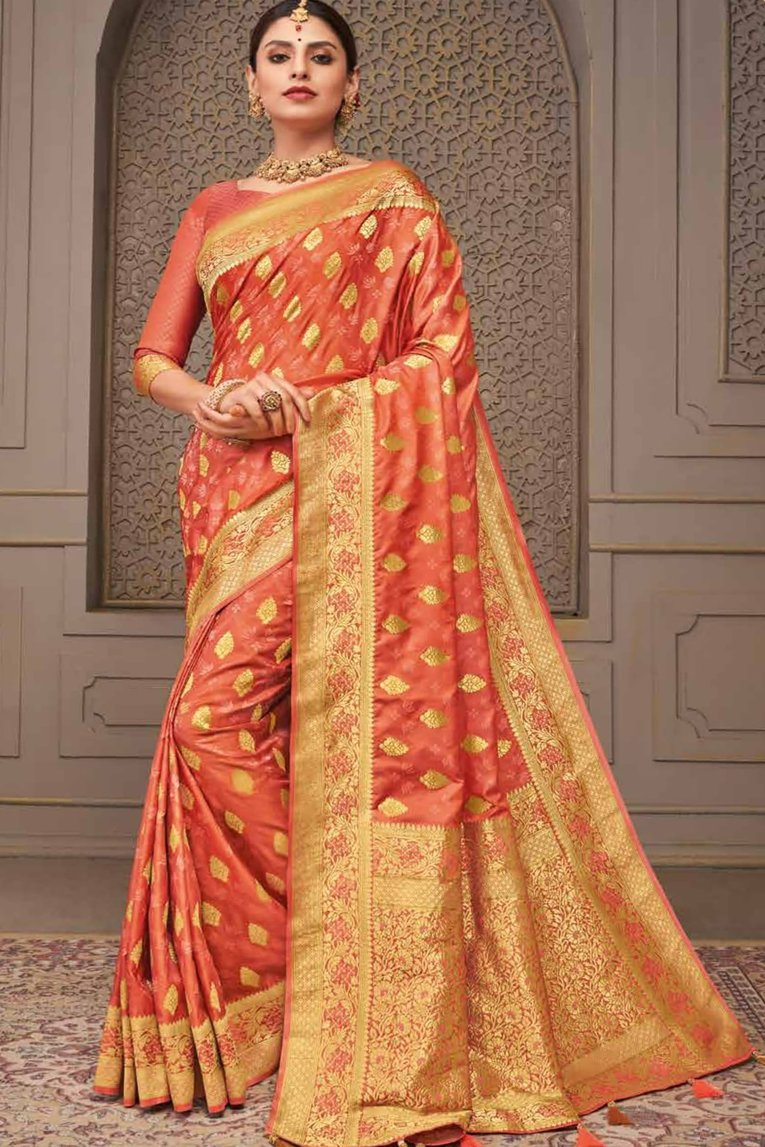 Peach Saree With Gold Zari
