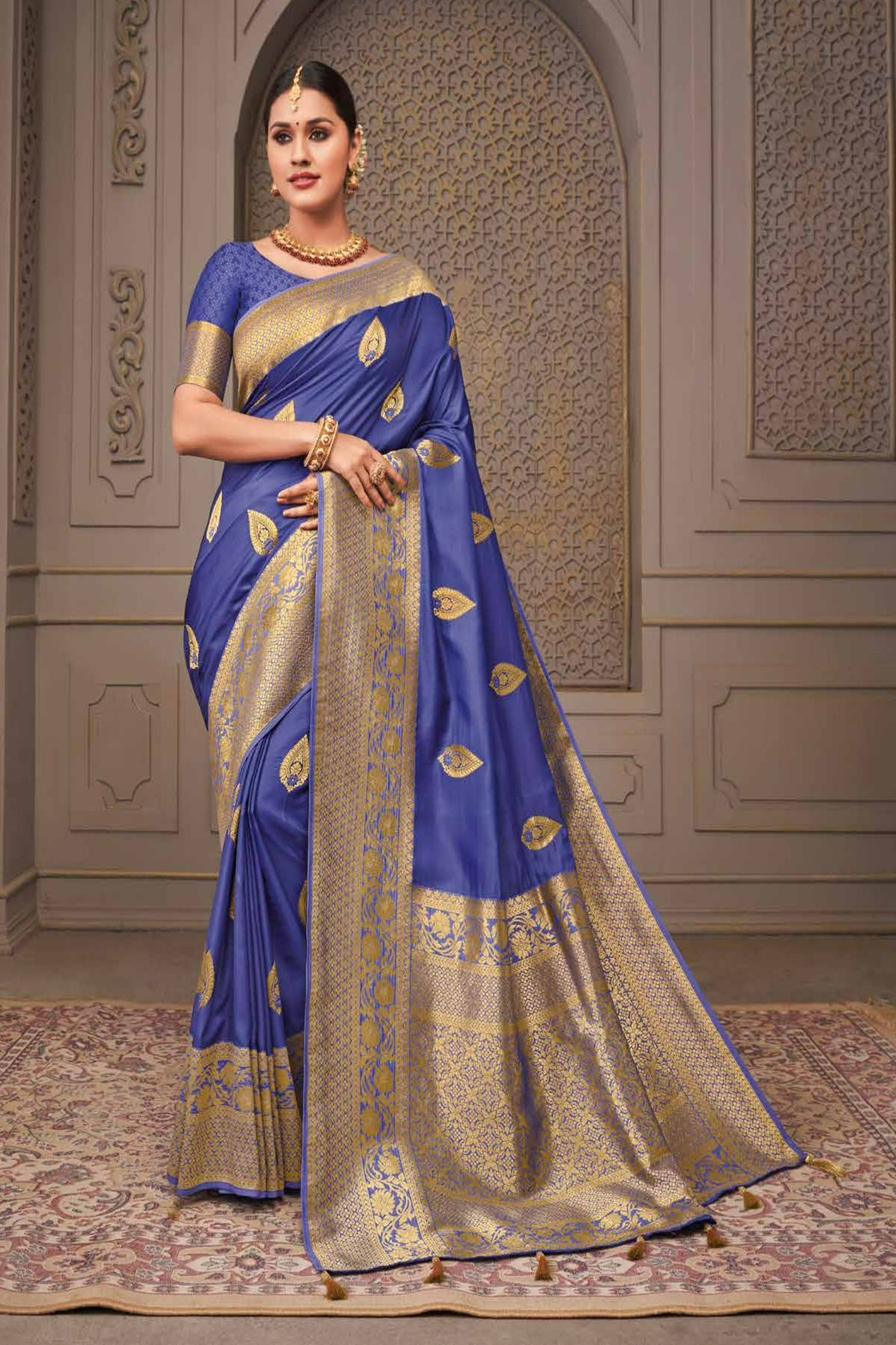 Purple Satin Saree With Golden Border