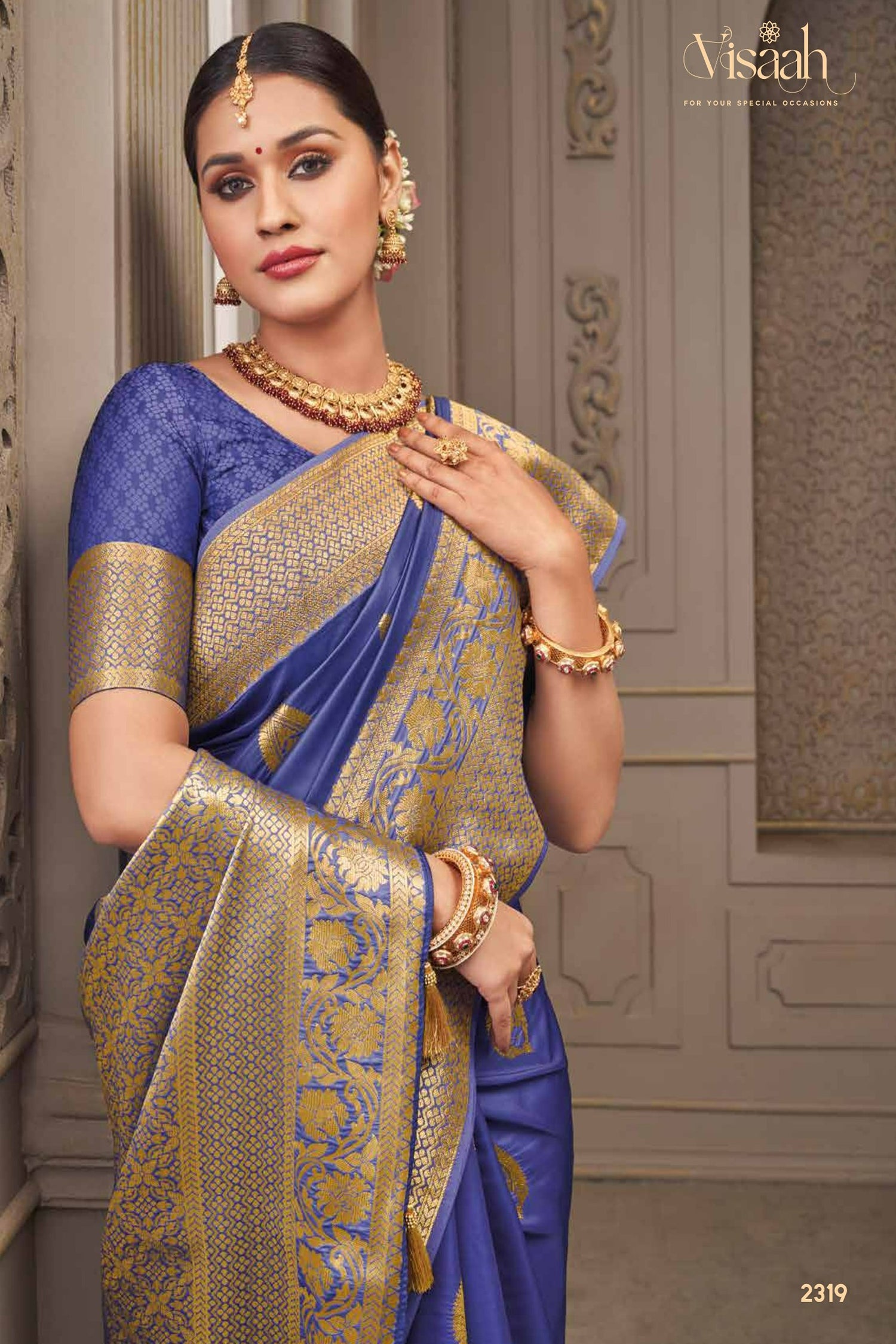 Purple Satin Saree With Golden Border