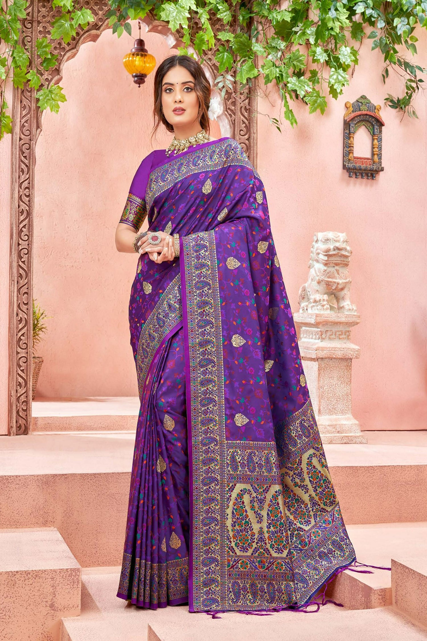 Violet Satin Saree With Paisley Motifs