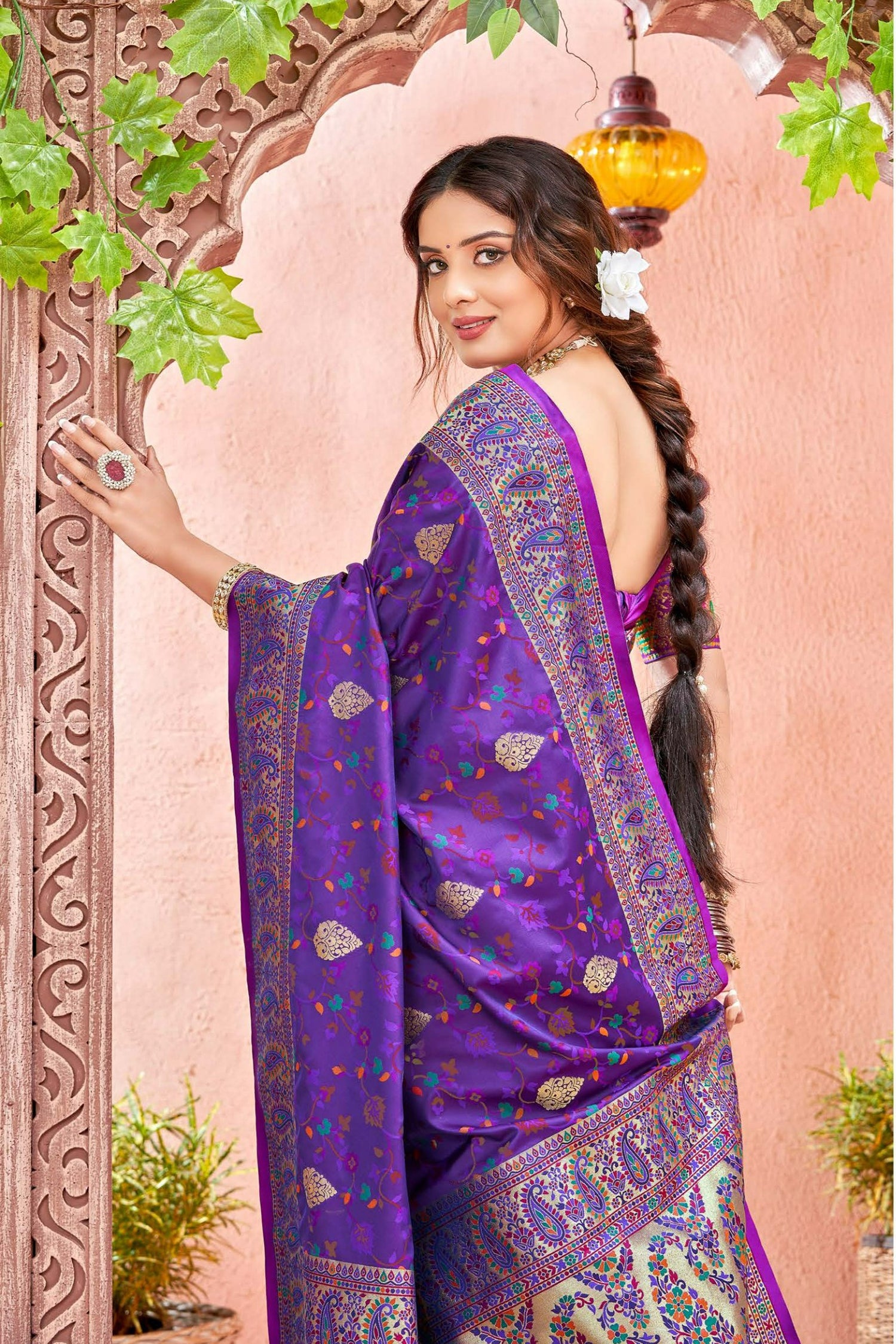 Violet Satin Saree With Paisley Motifs