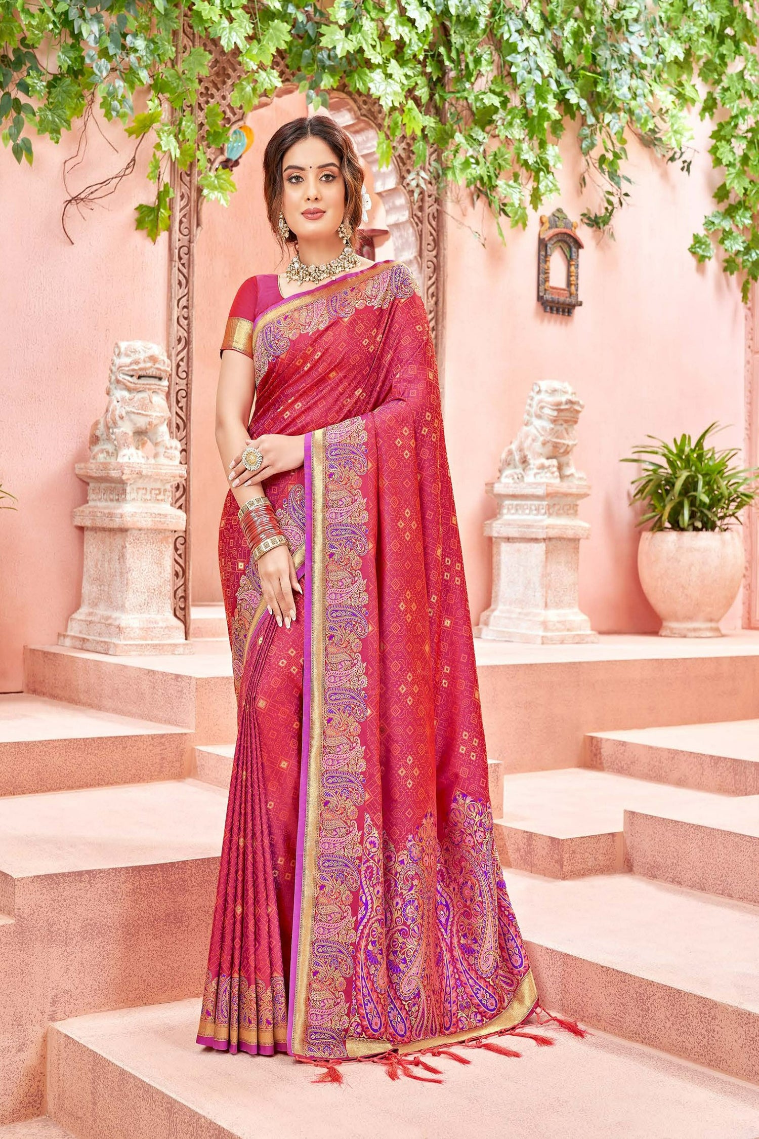 Rose Pink Bandhani Inspired Satin Saree