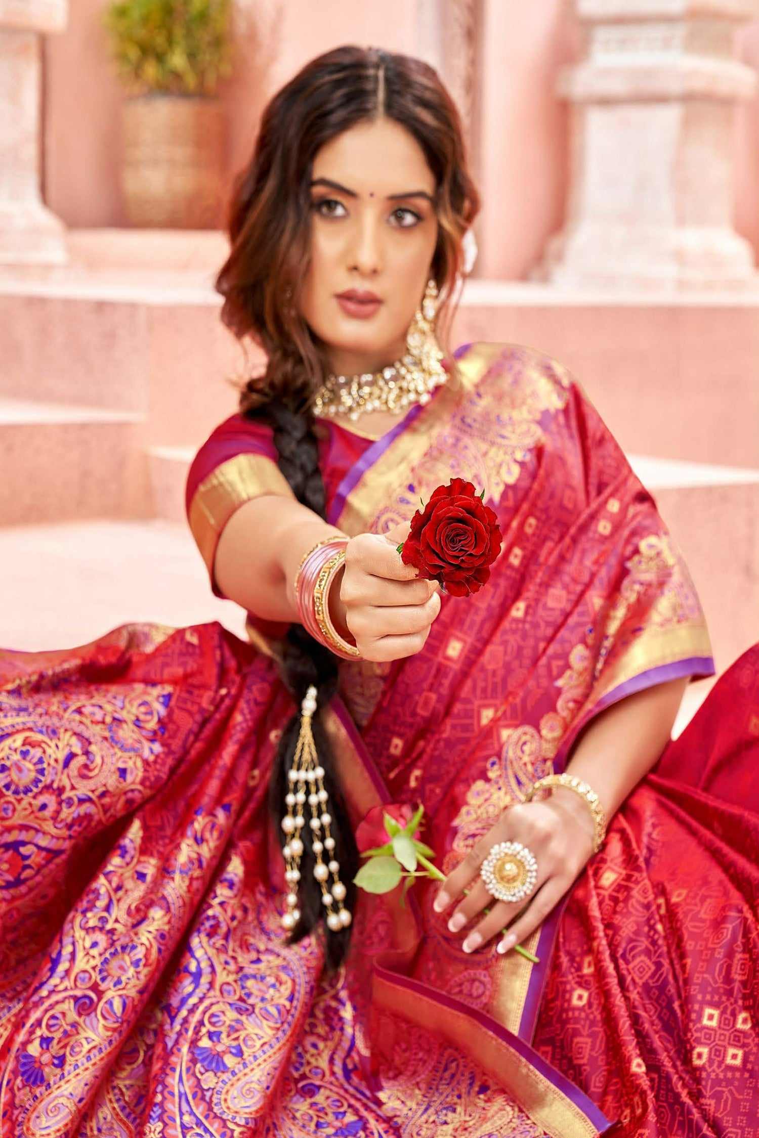 Rose Pink Bandhani Inspired Satin Saree