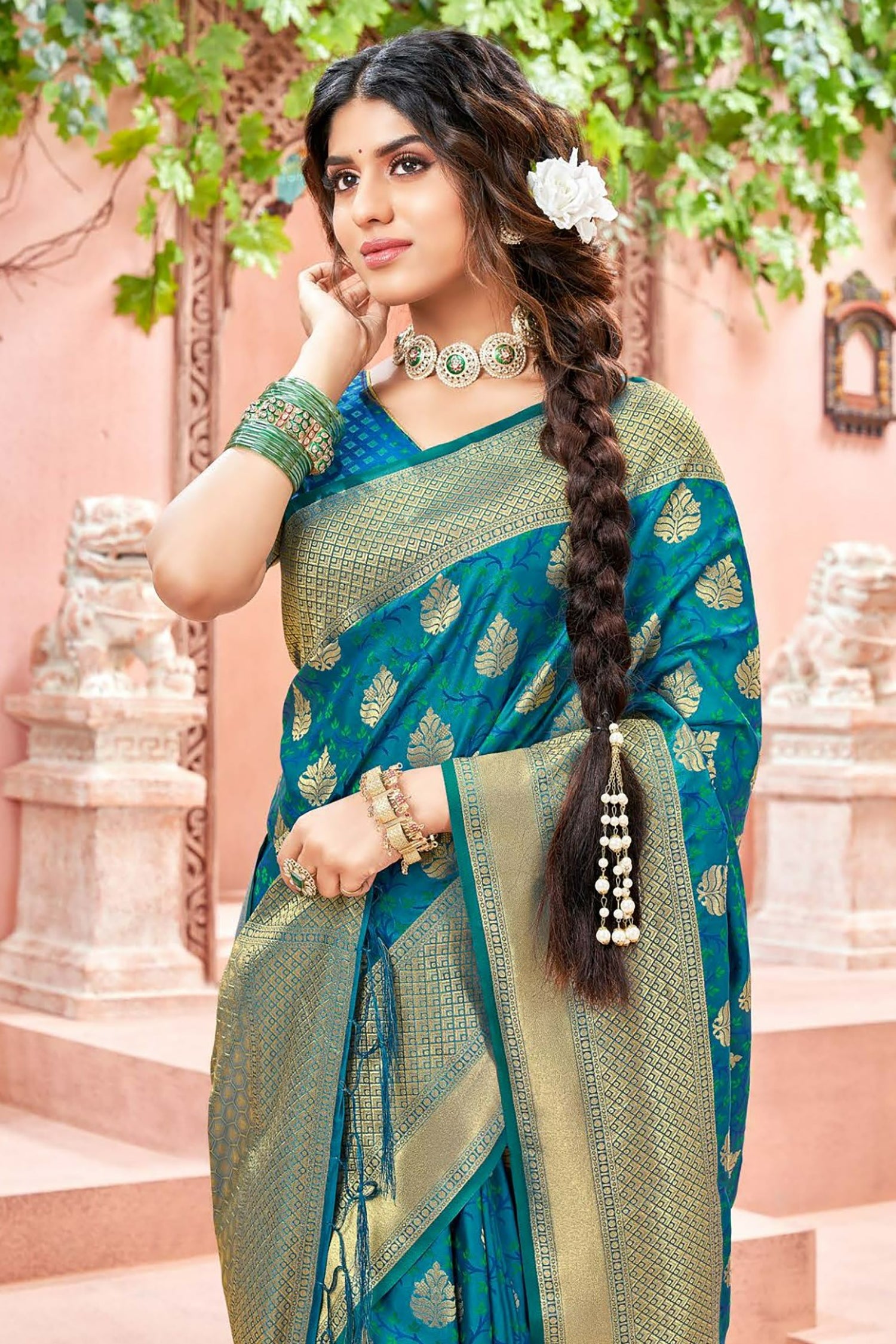 Spellbinding Blue Satin Saree With Gold Zari