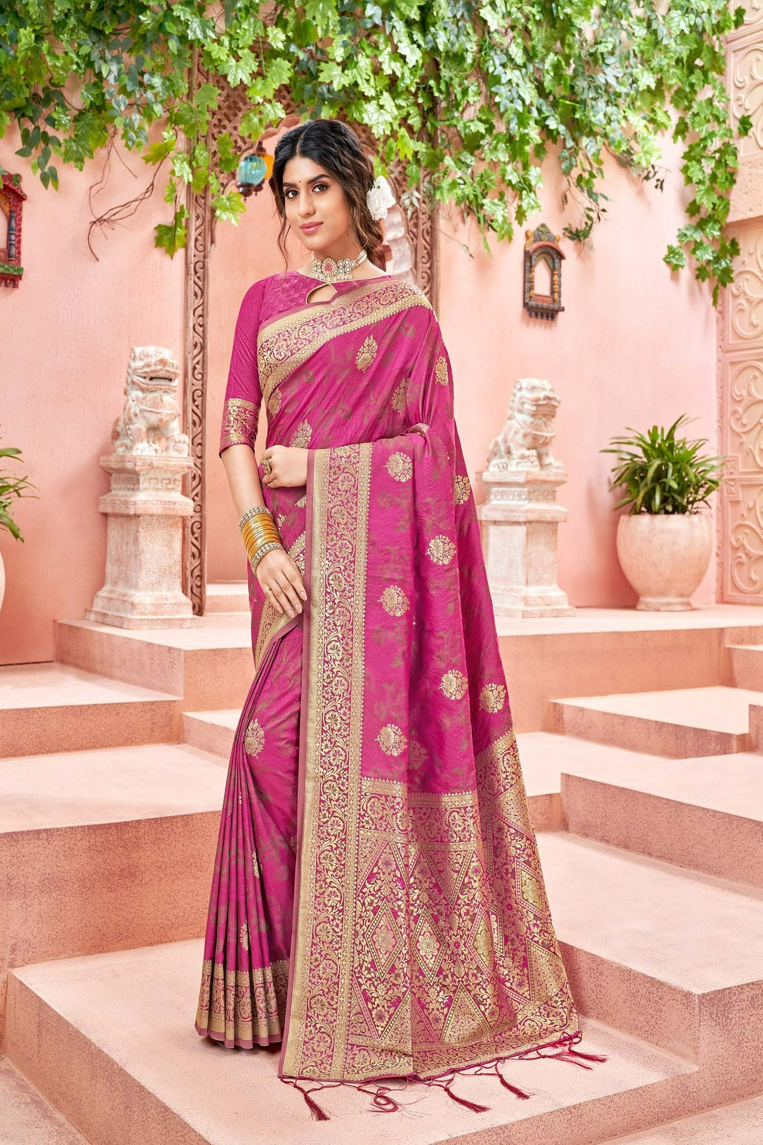 Pink Satin Saree With Woven Gold Threads