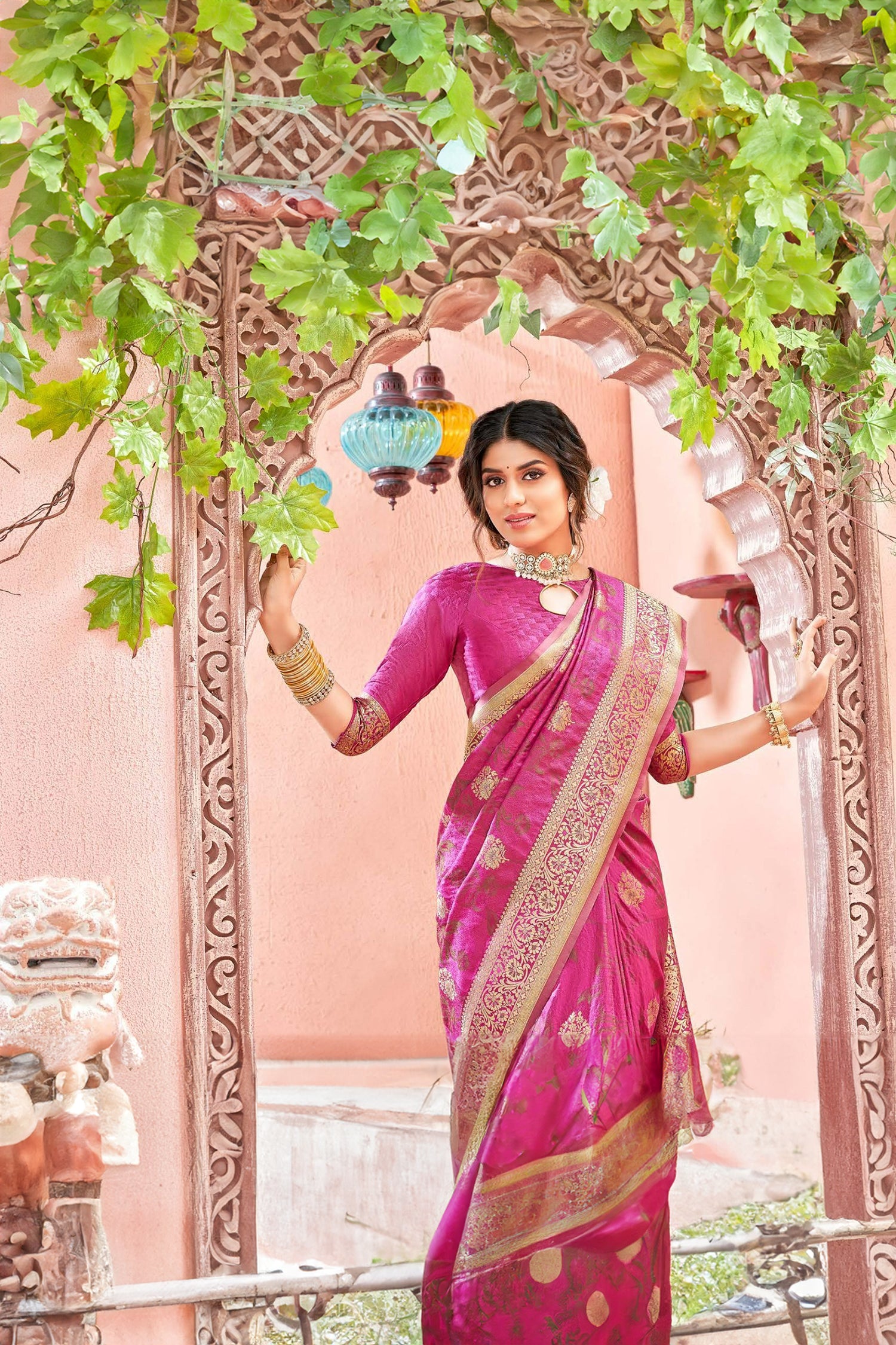 Pink Satin Saree With Woven Gold Threads