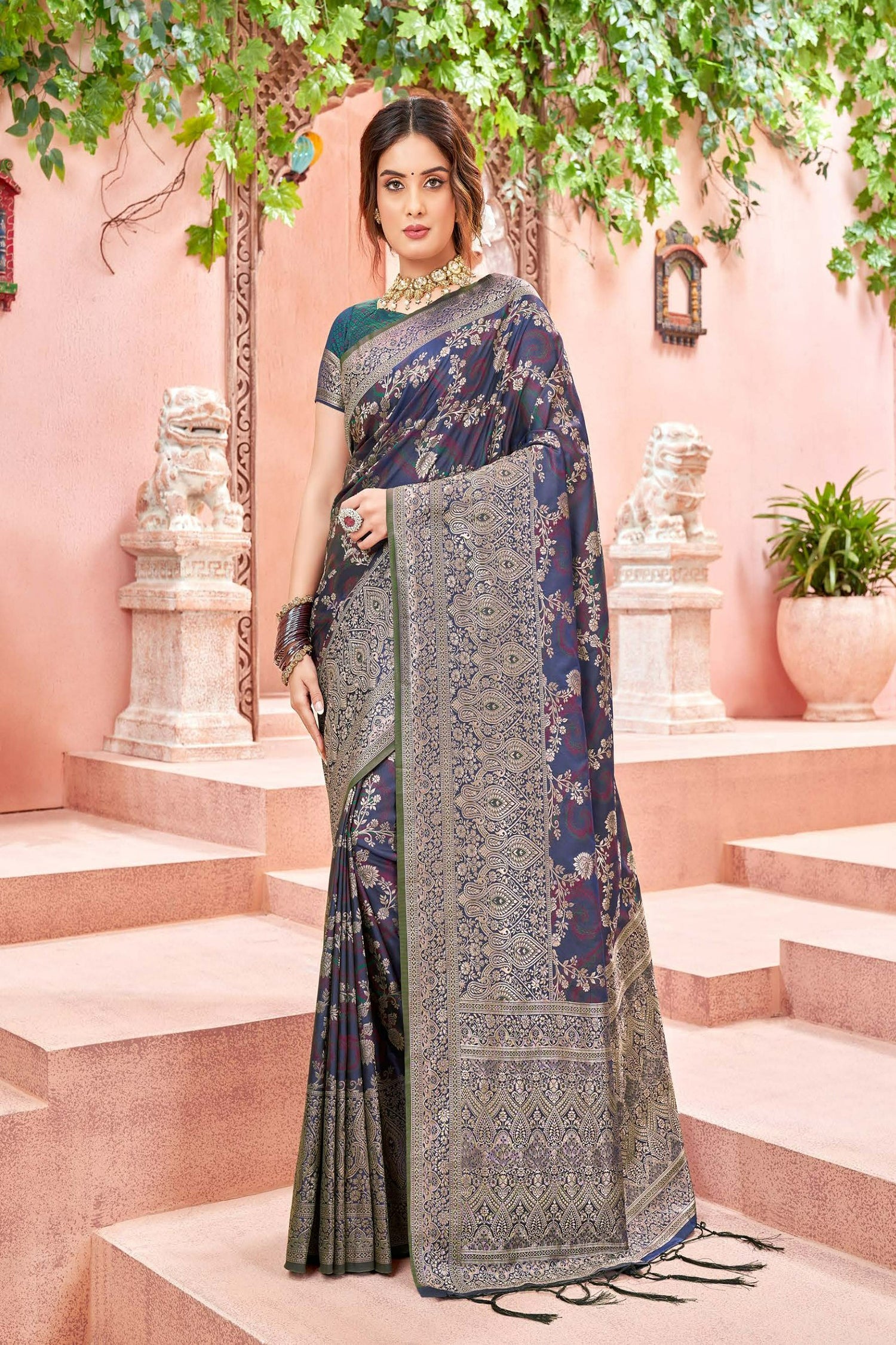 Midnight Blue Satin Saree