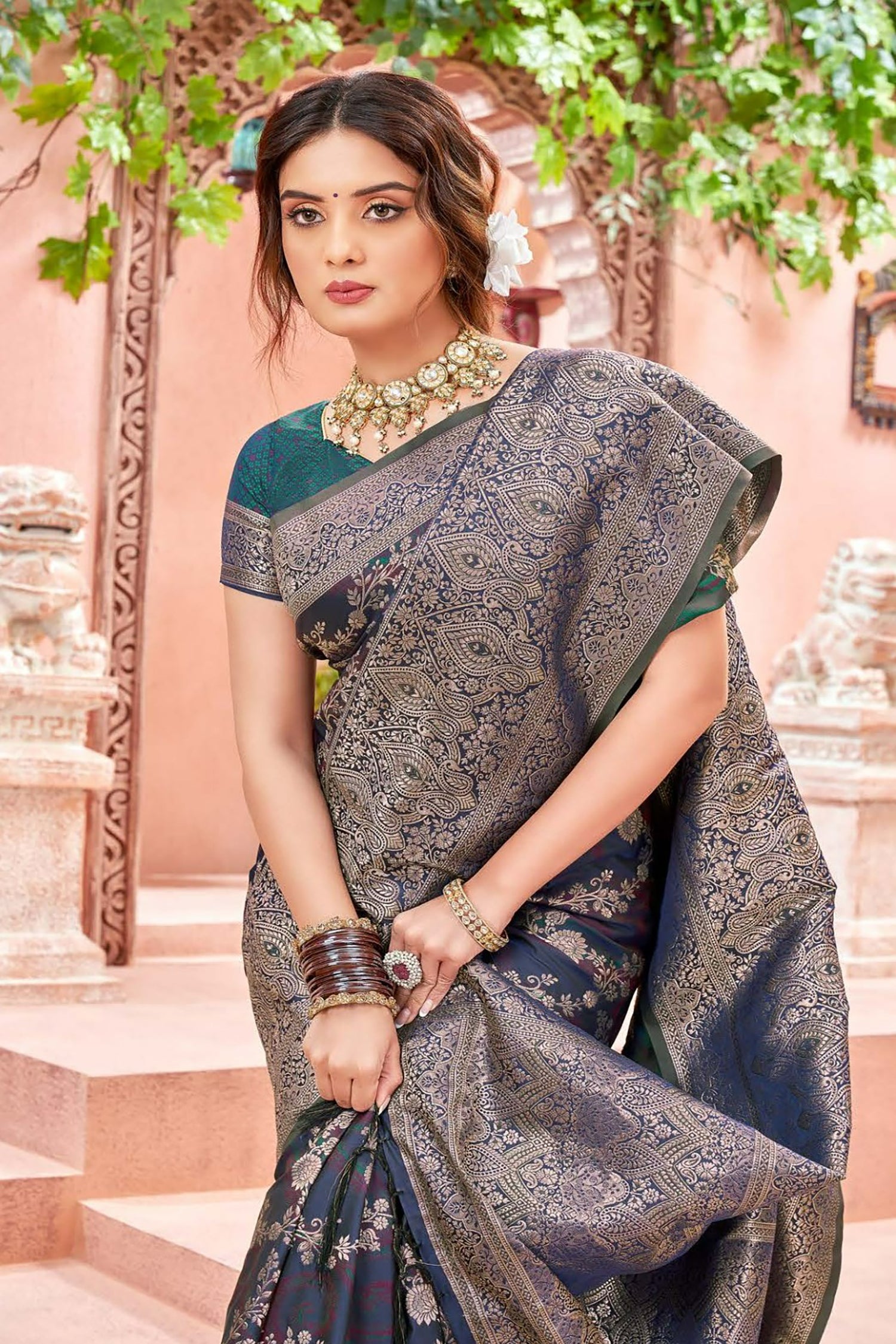Midnight Blue Satin Saree