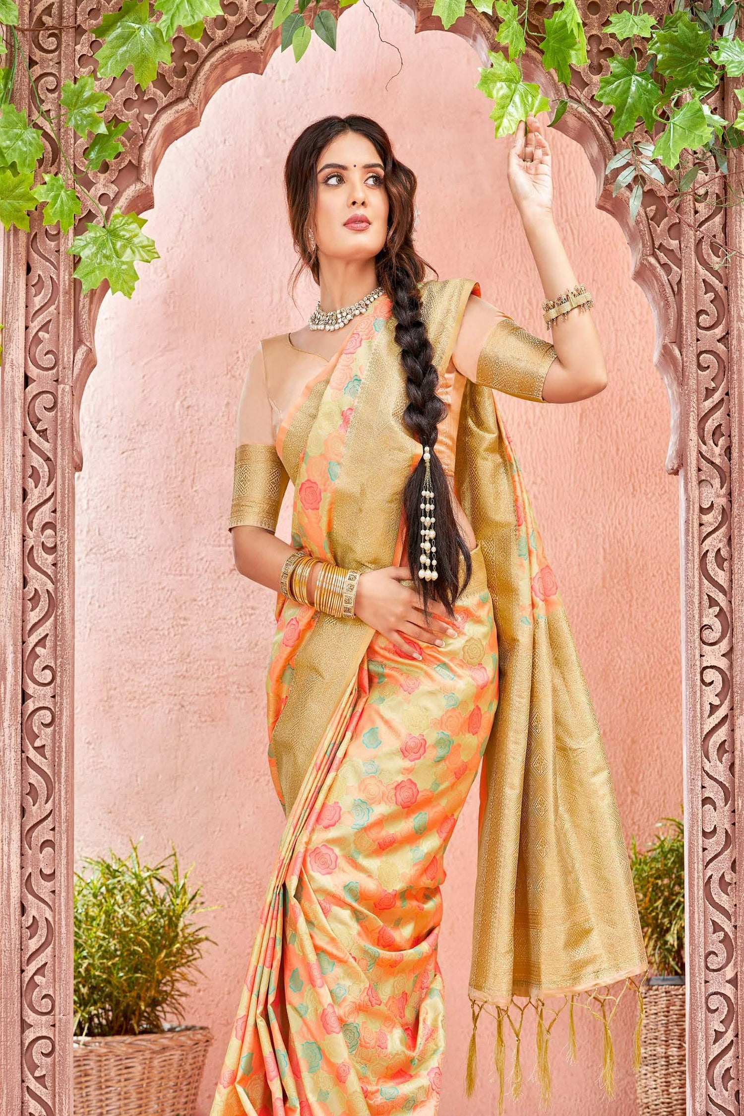 Cream Satin Saree With Rose Motifs