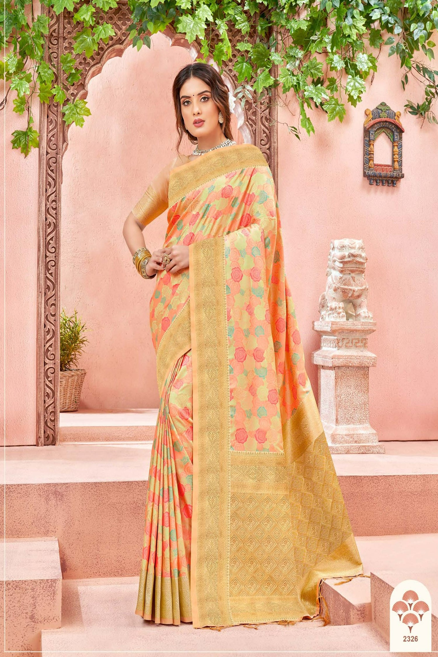 Cream Satin Saree With Rose Motifs