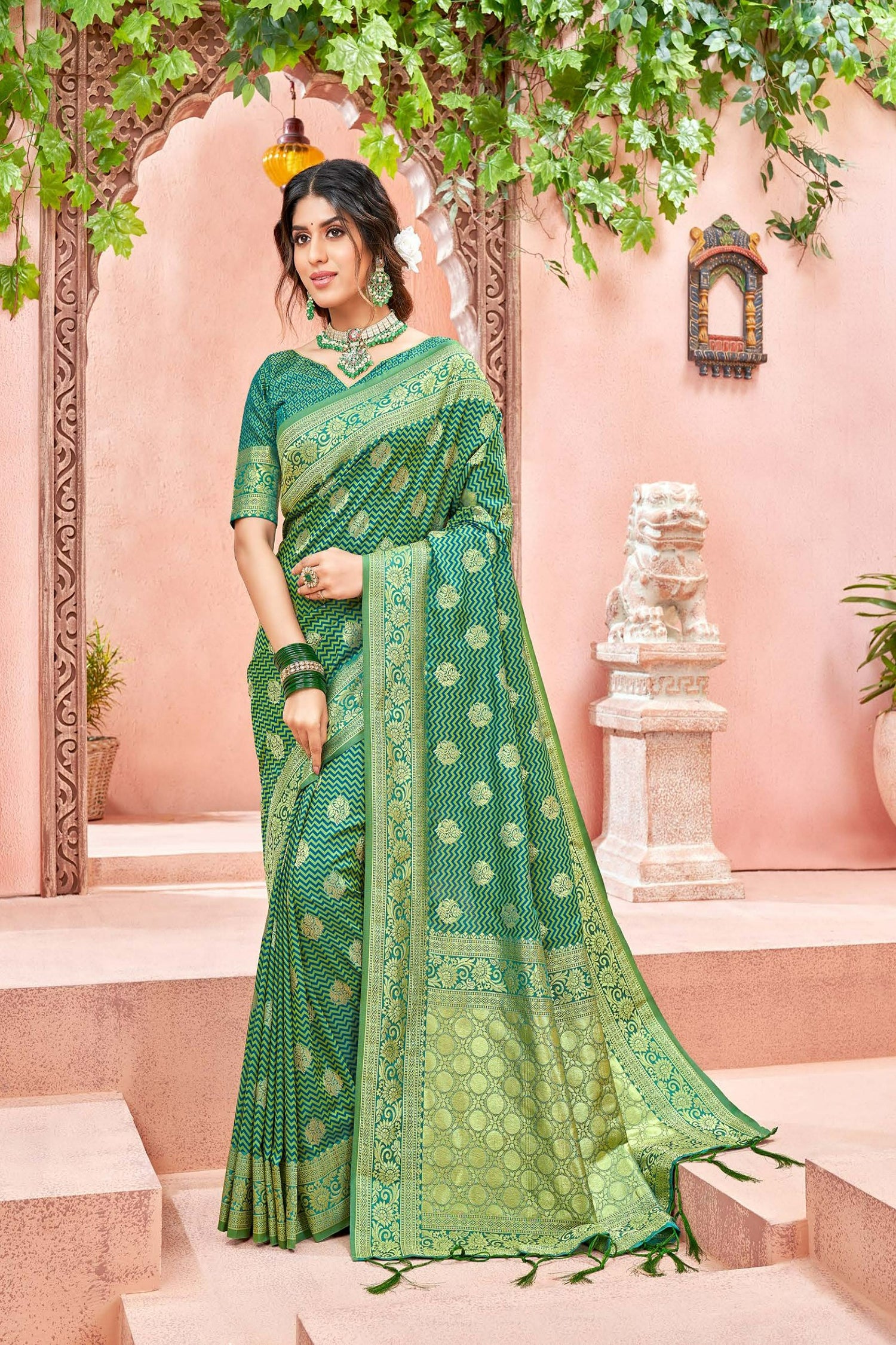 Green Satin Saree With Woven Chevron Pattern