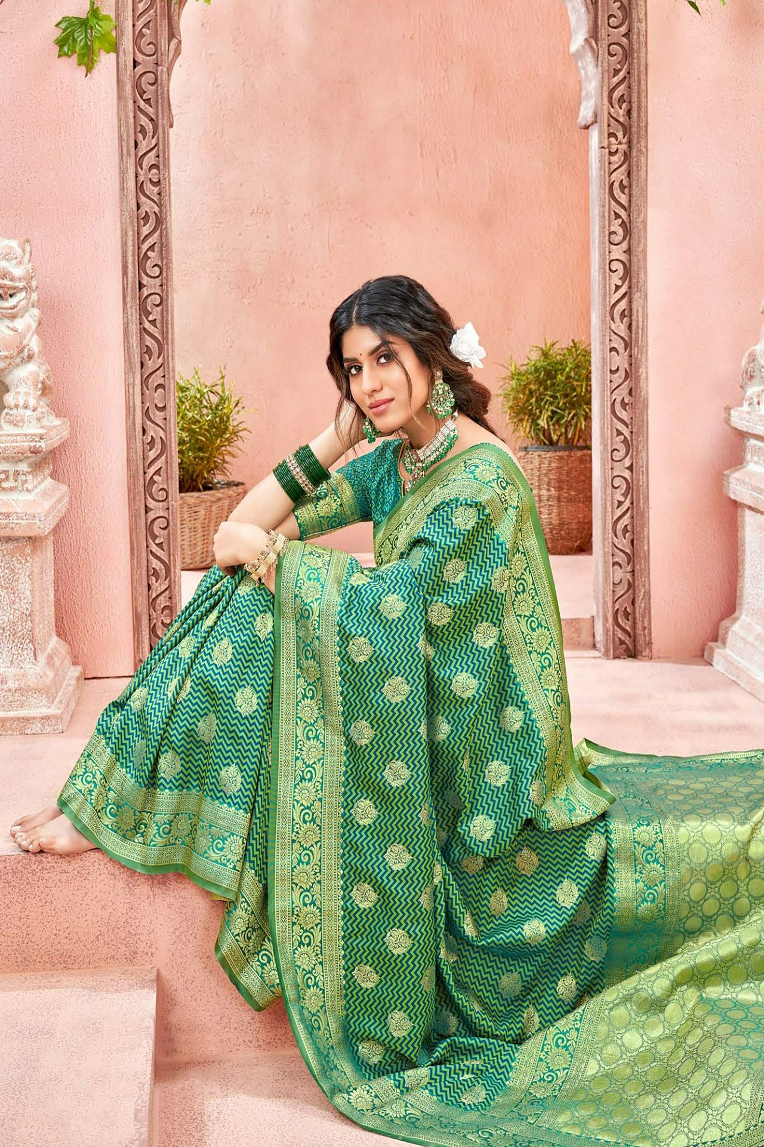 Green Satin Saree With Woven Chevron Pattern