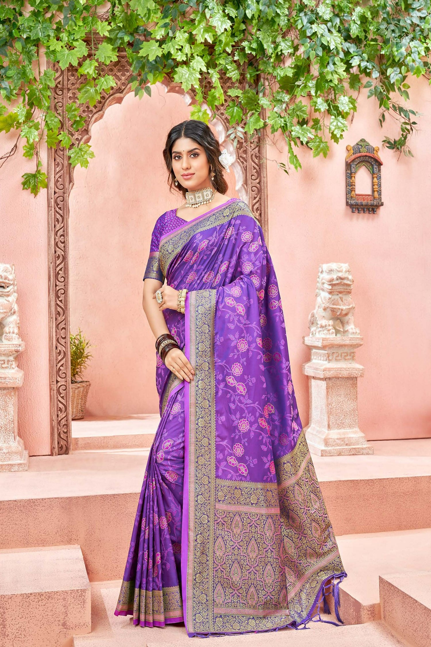 Purple Satin Saree With Floral Jaal