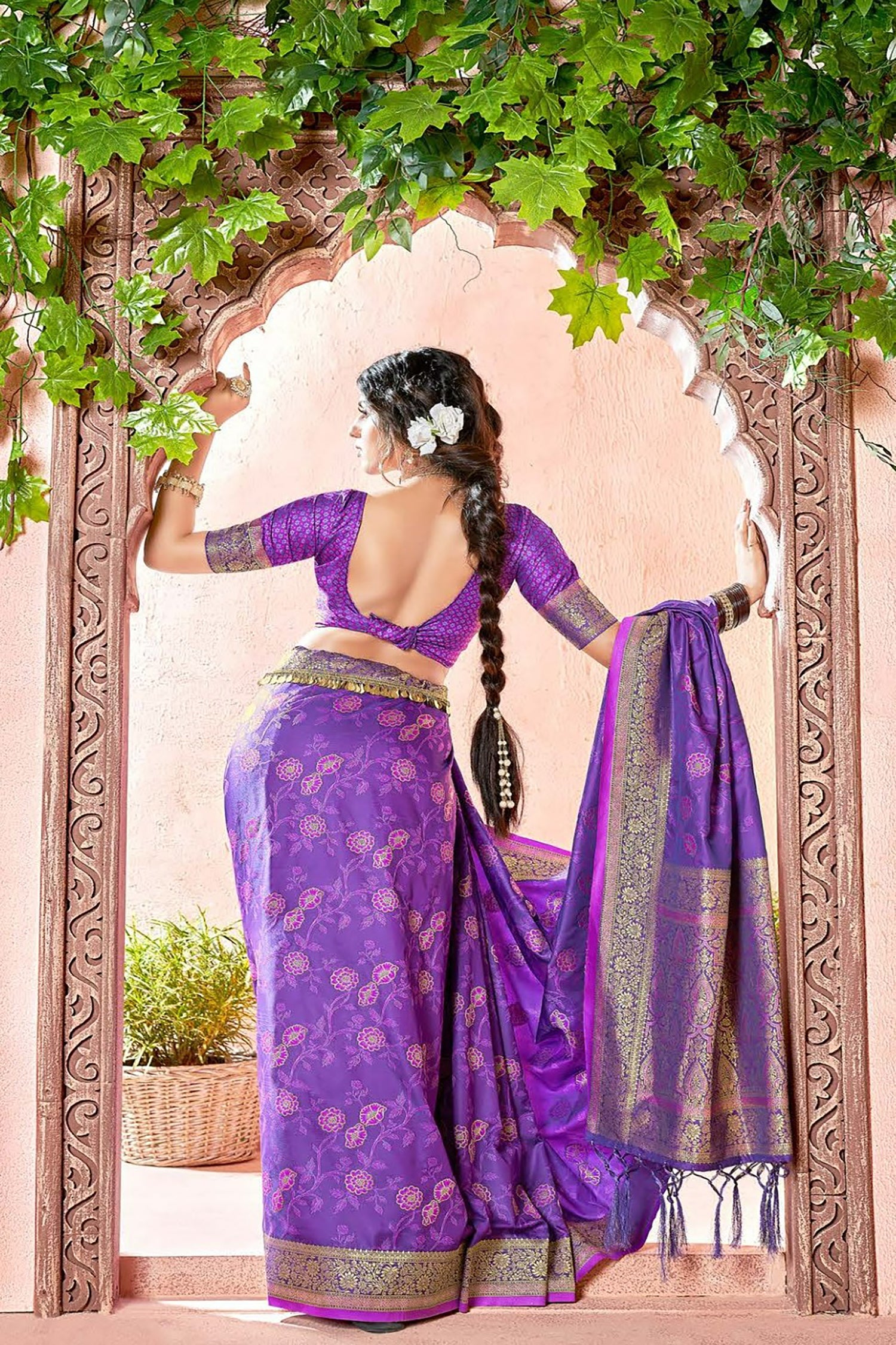 Purple Satin Saree With Floral Jaal